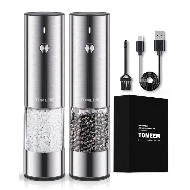 [Upgraded Larger Capacity] Electric Salt and Pepper Grinder Set Rechargeable with LED lights - Stainless Steel Automatic Pepper and Salt Grinder Refillable with 6 Adjustable Coarseness