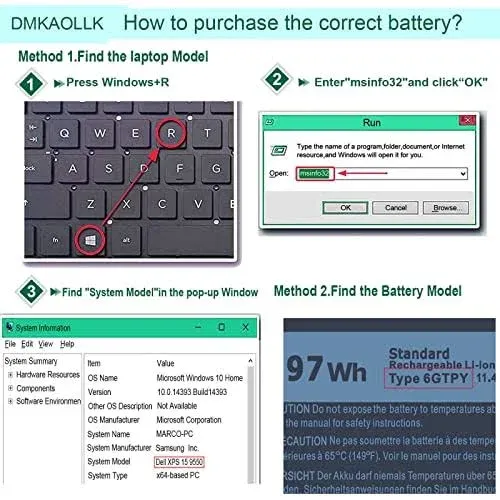 DMKAOLLK 97Wh Type 6GTPY Battery for Dell XPS 15-9560 15-9550 15-9570 15-7590 Precision 5520 5530 5540 5510 Vostro 7500 4GVGH 1P6KD 5XJ28 GPM03 P56F, 6GTPY Battery 97Wh Replacement for Dell XPS 9560