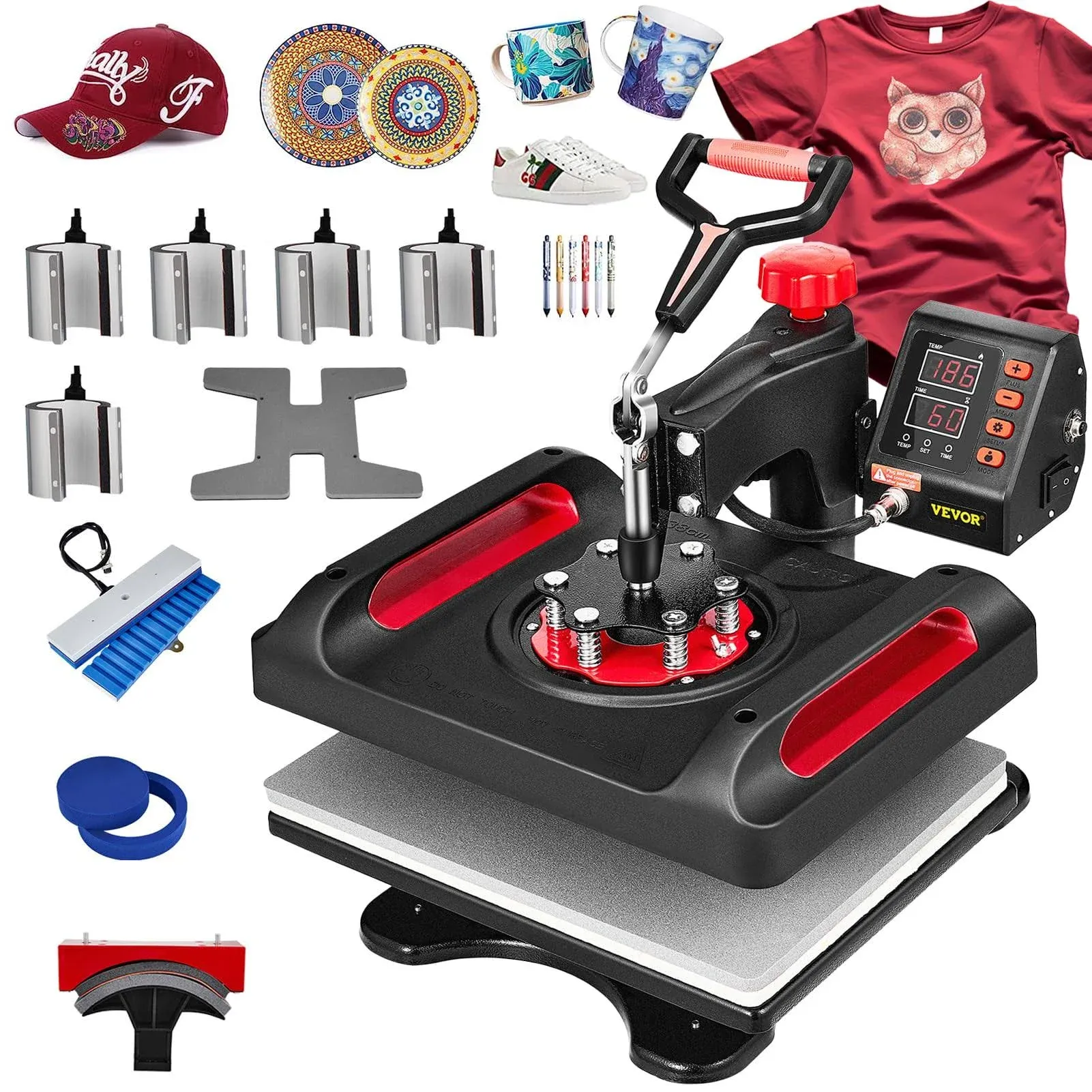 VEVOR 11 in 1 Heat Press Machine 15x12 Inch Tshirt Press Machine 360° Swing Away Digital Shirt Printing Multifunction Heat Transfer Clamshell Sublimation for T-Shirt Hat Cap Mug Plate Pen Shoes