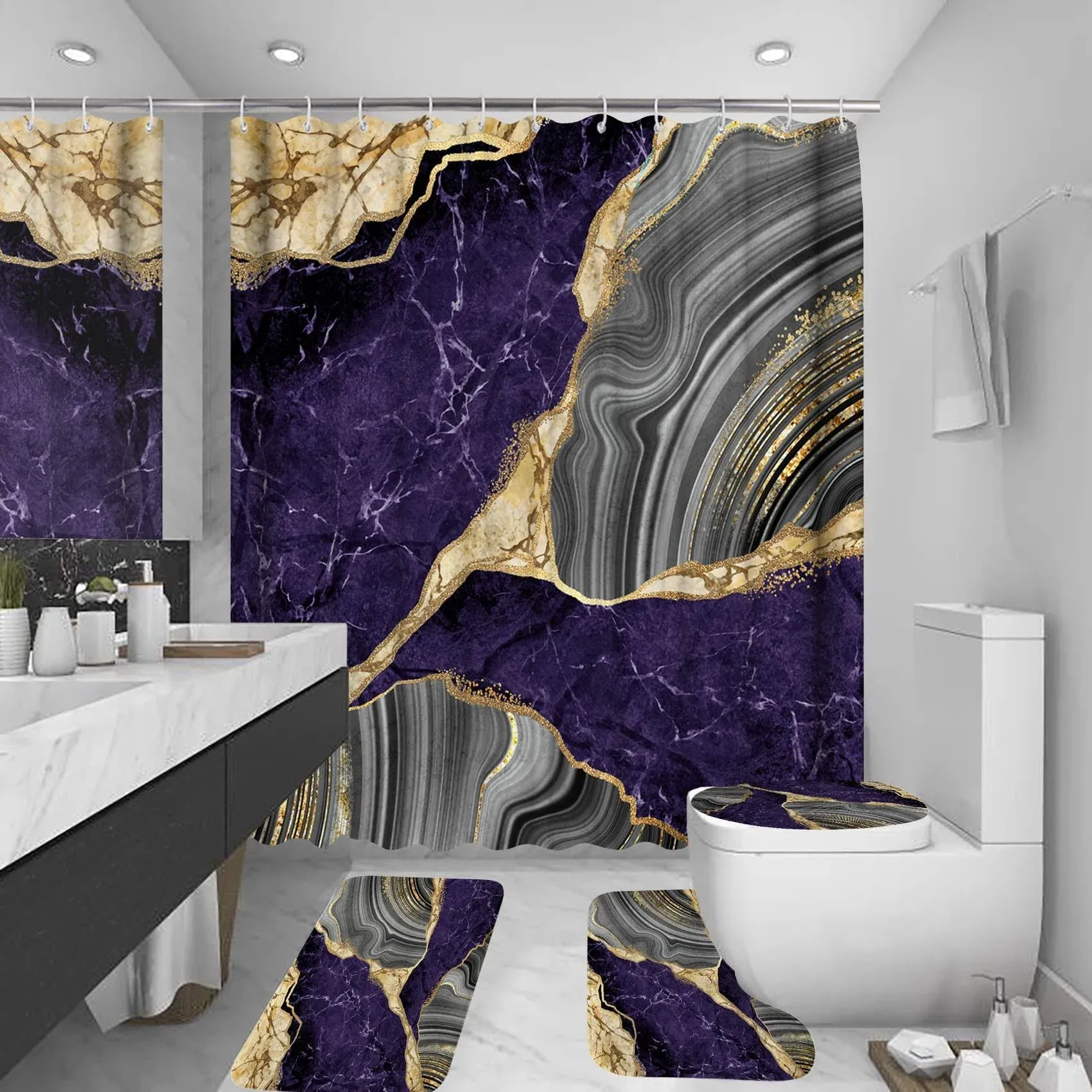 4Pcs Marble Shower Curtain Sets, Bathroom Decor Sets, Luxury Shower Curtain with 12 Hooks, Bath Mat, Toilet Lid Rug and Non-Slip U Shape Mat Accessories Marble Print, 72 x 72 Inch, Purple