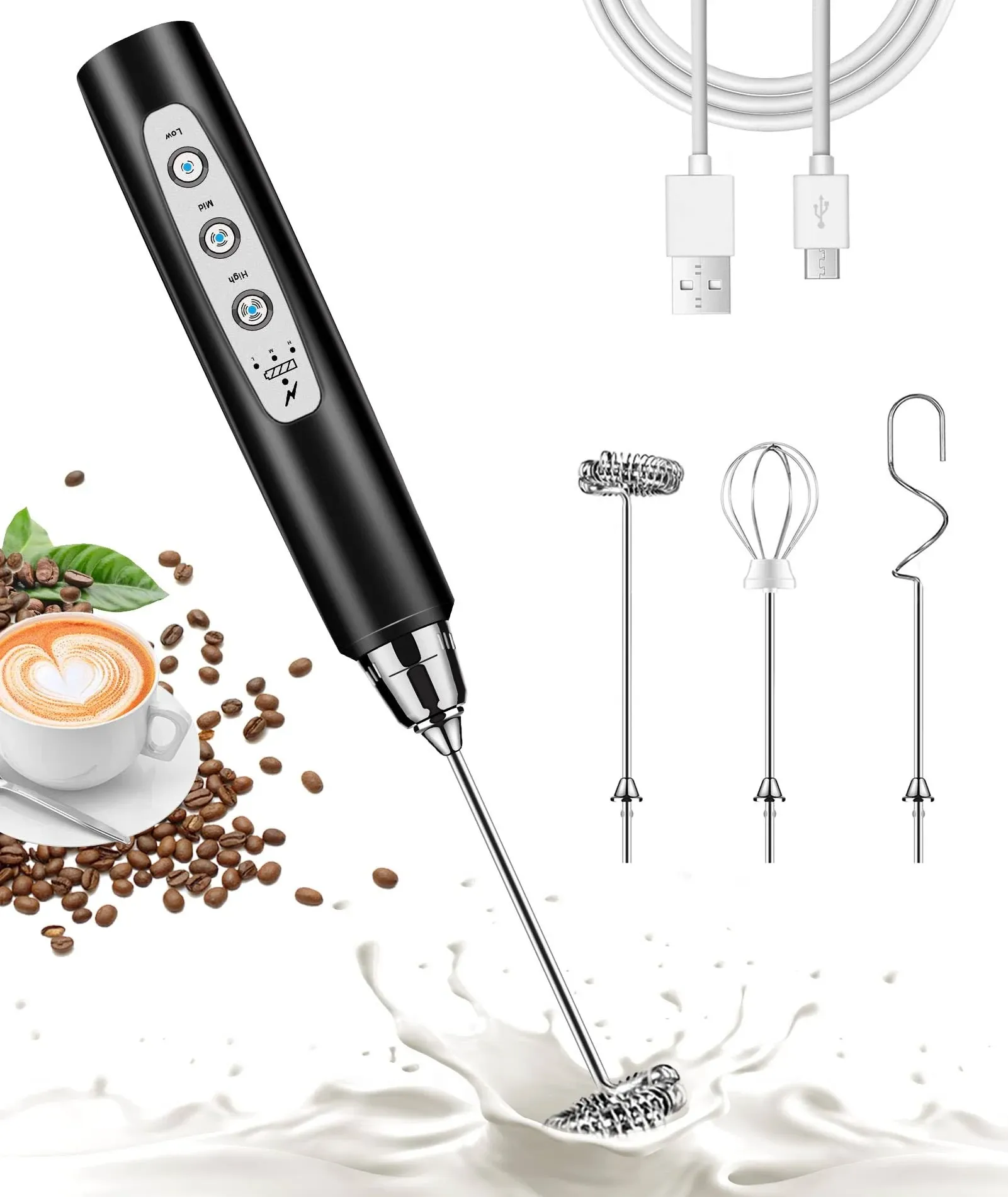 Milk Frother Handheld for Coffee, Electric Whisk 3 Speed Adjustable, Silver 