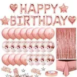 MOVINPE Rose Gold Birthday Party Decoration, Happy Birthday Banner, Rose Gold Fringe Curtain, Foil Tablecloth, Heart Star Foil Confetti Balloons