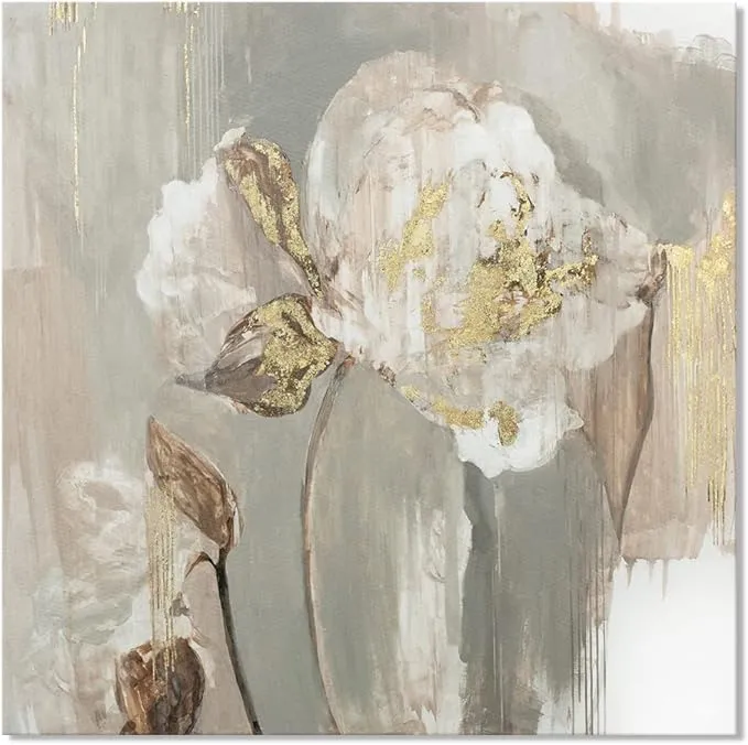 Goldfoilart Floral Wall Art Gold Pictures of White Flower Canvas with Gold Foil Embellishment Paintings Textured Print Framed Artwork for Living Room Bedroom Office Decorations 24" x 24"