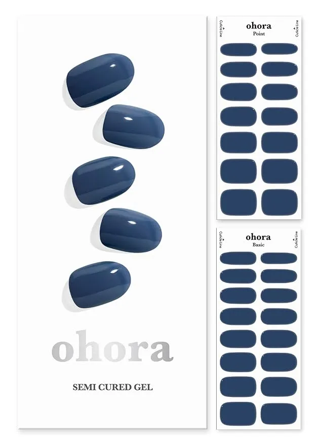 ohora Semi Cured Gel Nail Strips (N Cream Indigo) - Blue, Solid, Works with Any UV/LED Nail Lamps, Salon-Quality, Long Lasting, Easy to Apply & Remove - Includes 2 Prep Pads, Nail File & Wooden Stick