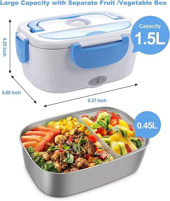 COCOBELA Electric Lunch Box Portable Food Warmer for Car and Home,Leak Proof Food Hater Lunch Box,Removable 304 Stainless Steel Container, SS Knife & Fork & Spoon and Carry Bag