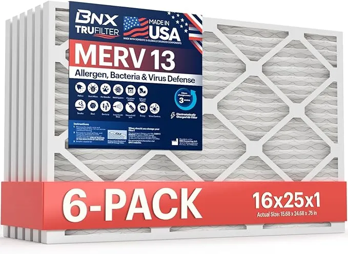 BNX TruFilter 16x25x1 Air Filter MERV 13 (6-pack) - Made in USA - Electrostatic Pleated Air Conditioner HVAC AC Furnace Filters