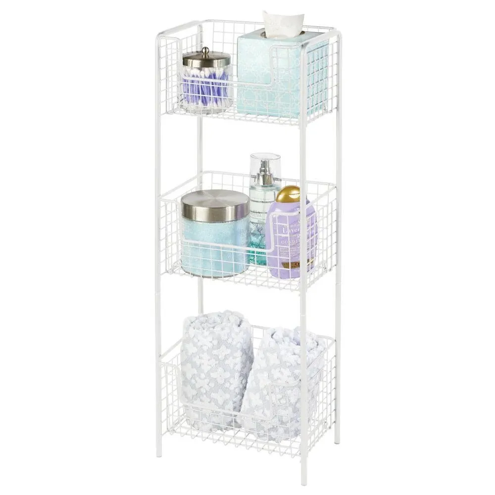 mDesign Steel Freestanding 3-Tier Storage Organizer Tower with Baskets - White