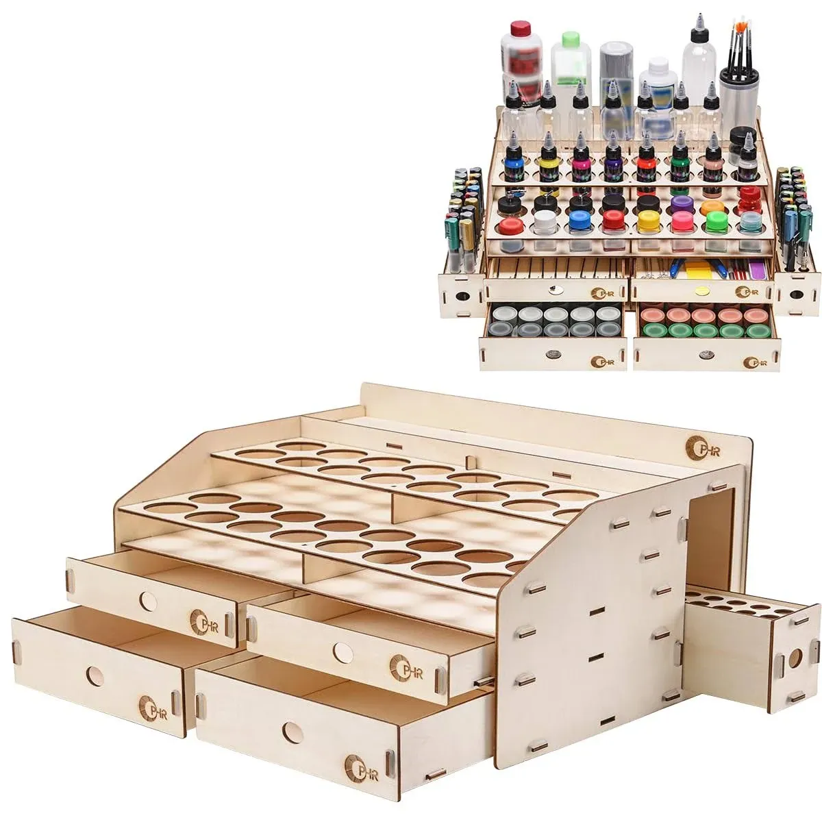 OPHIR Wooden Paint Rack Organizer with 32 Bottle Holes Hobby Paint Storage Holder Includes 4 Drawers