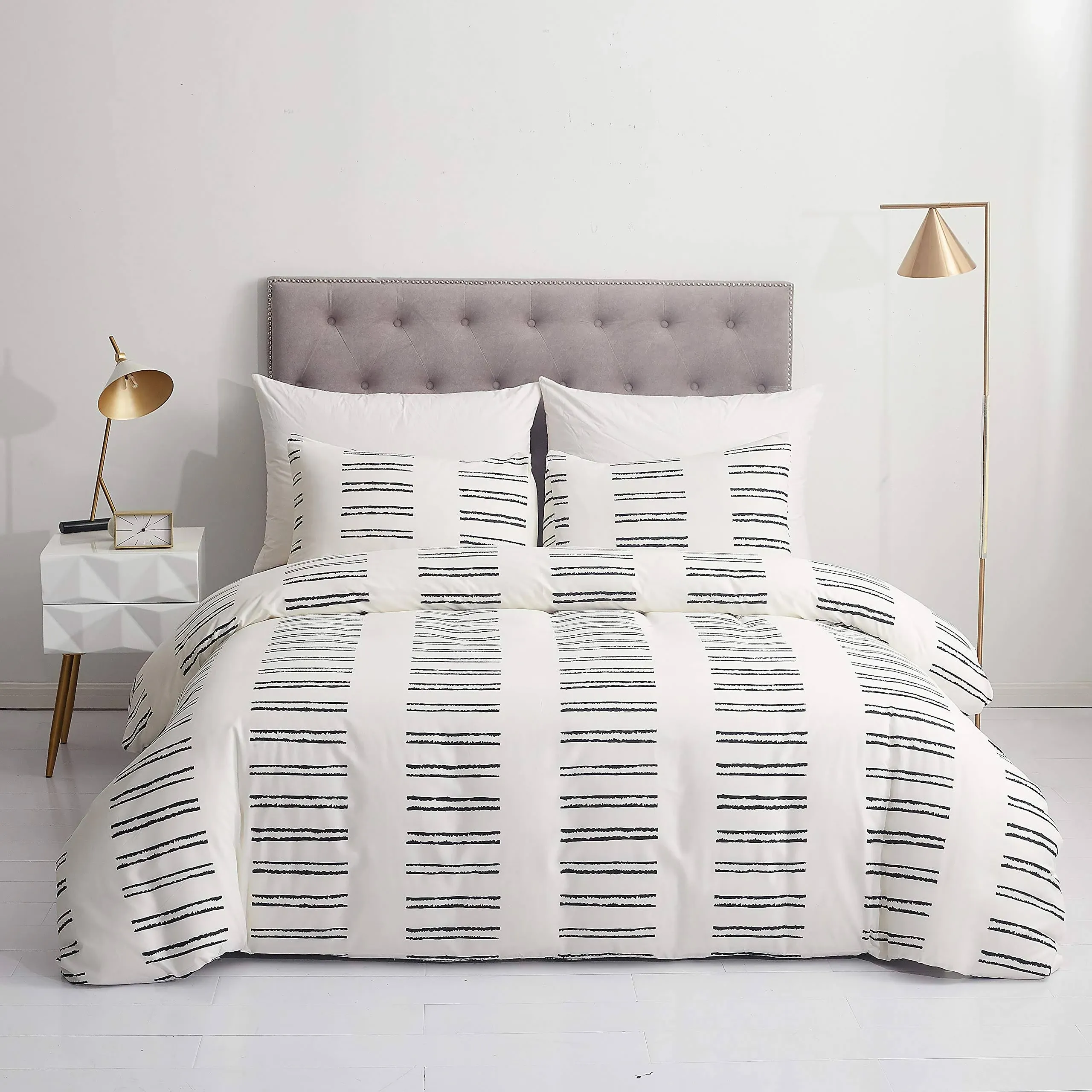 GETIANN Soft Bedding Duvet Cover Set King White Striped Comforter Cover Set