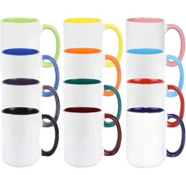 Ceramic 15oz Sublimation Coffee Mug, 12 Assorted Colors, Case of 12