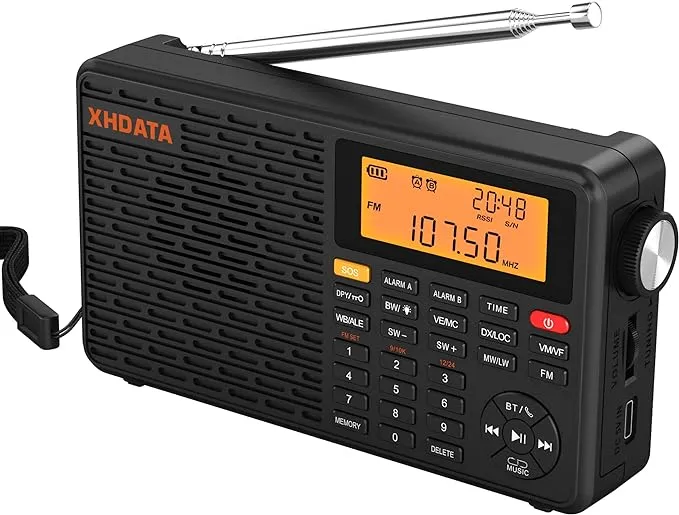 XHDATA D-109 Przenośne Radio FM Cyfrowe Radio Stereo MW/SW/LW z mocnym głośnikiem Gniazdo słuchawkowe Świetny odbiór Odtwarzacz MP3 USB/TF i bezprzewodowy budzik BT i wyświetlacz czasu dla domu