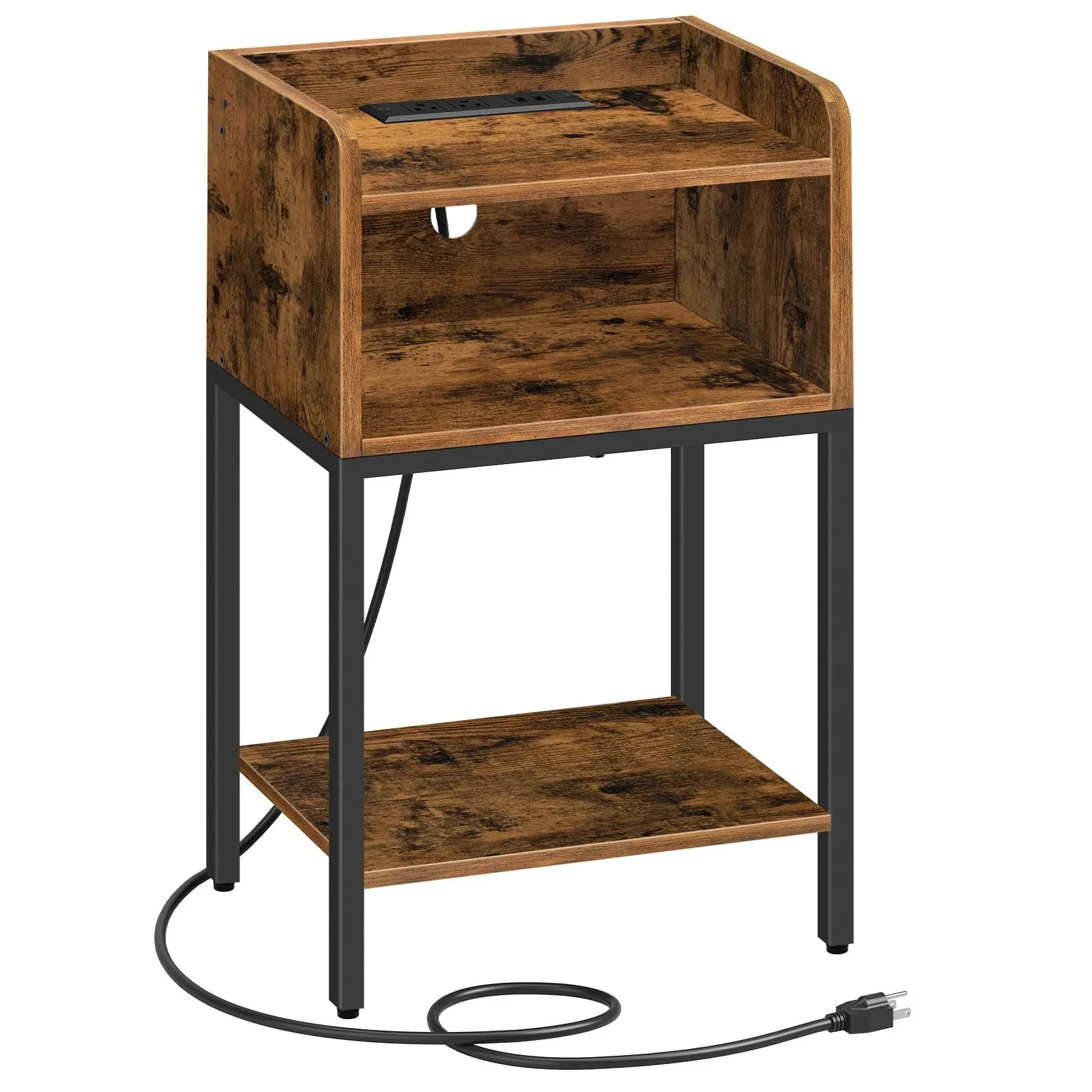 Nightstand with Charging Station, End Table with Open Drawer, Side Table with US