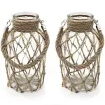 Rustic Hanging Mason Nautical Jar Rope Net Dry Flower Glass Vase with Handle Pack of 2 (2 Vase 8")