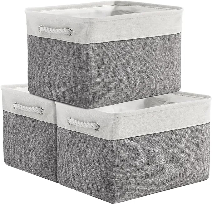 TheWarmHome Organization and Storage Basket for Organizing - 3 Pack 16x12x12 inch Cube Storage Bin Fabric Storage Cubes for Organizer Cloth Gift Toy Closet (White & Grey)