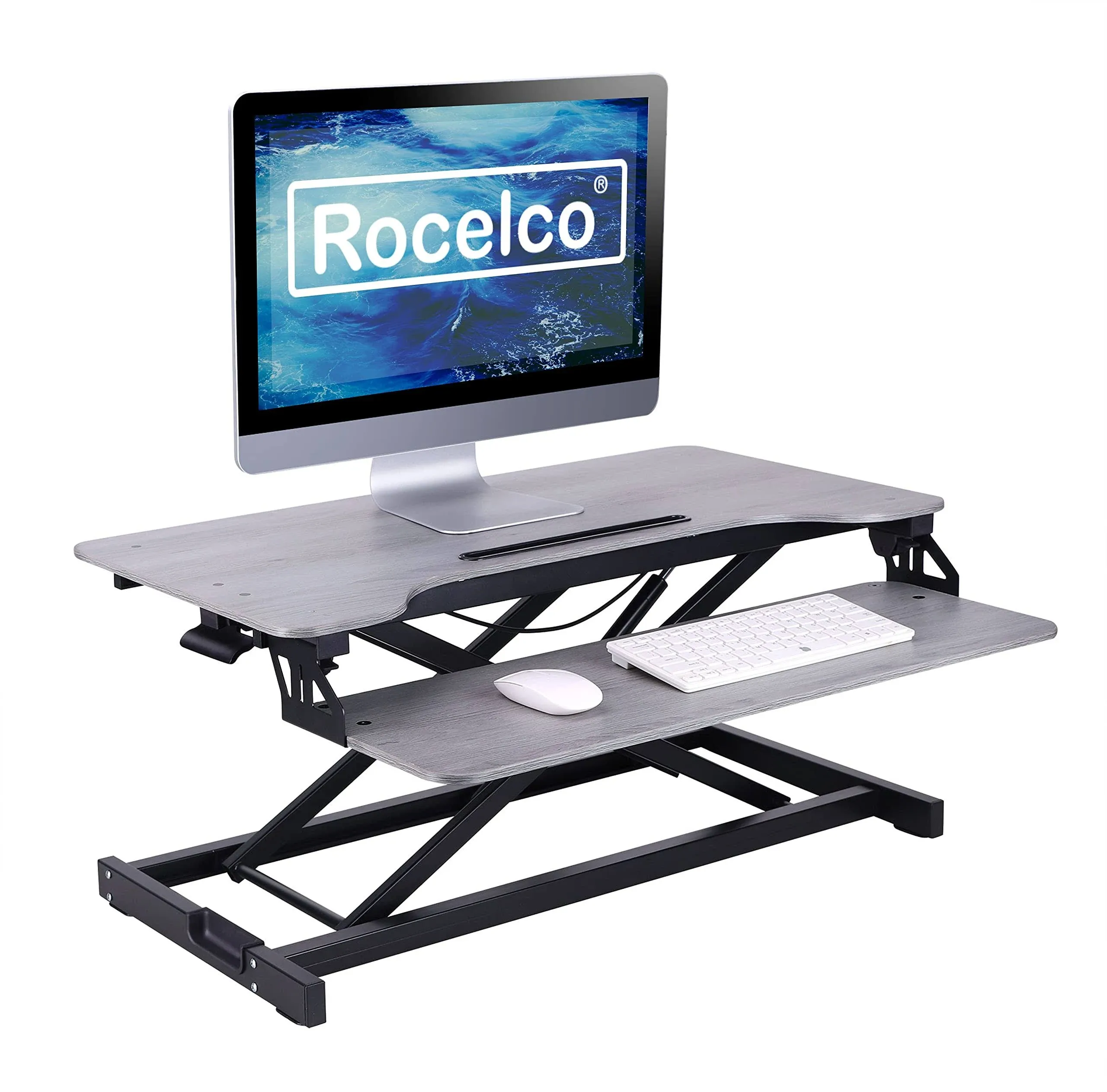 Rocelco Standing Desk Converter 31.5 Inch Sit Stand Up Dual Monitor Tabletop Riser with Tablet Mount, Height Adjustable Home Office Workstation - Deep Keyboard Tray for Laptop Mouse