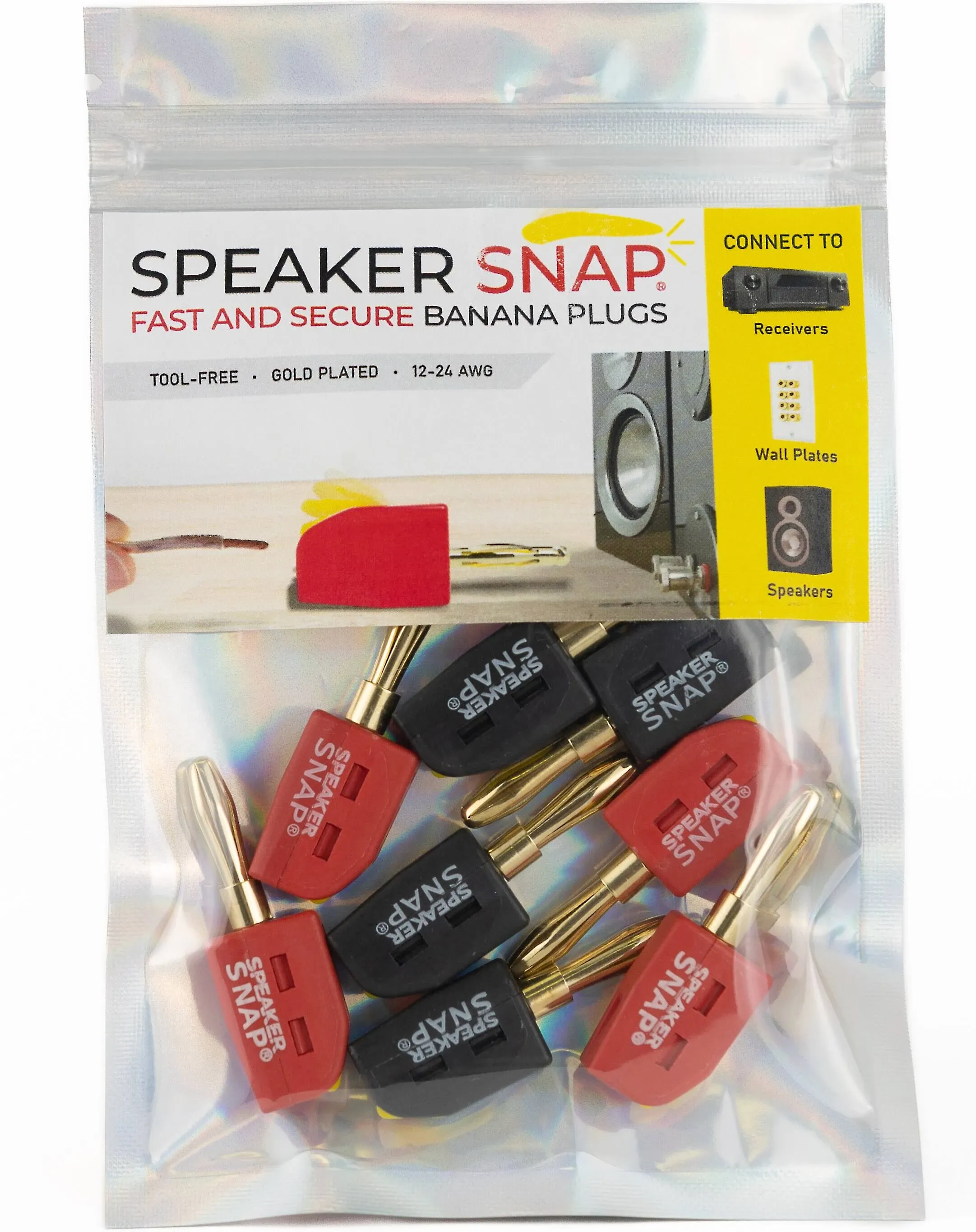 Speaker Snap 8 Count of Fast & Secure Banana Plugs, Gold Plated, 12-24 AWG, for Home Theaters, Speaker Wire, Wall Plates, and Receivers | World Wide Stereo