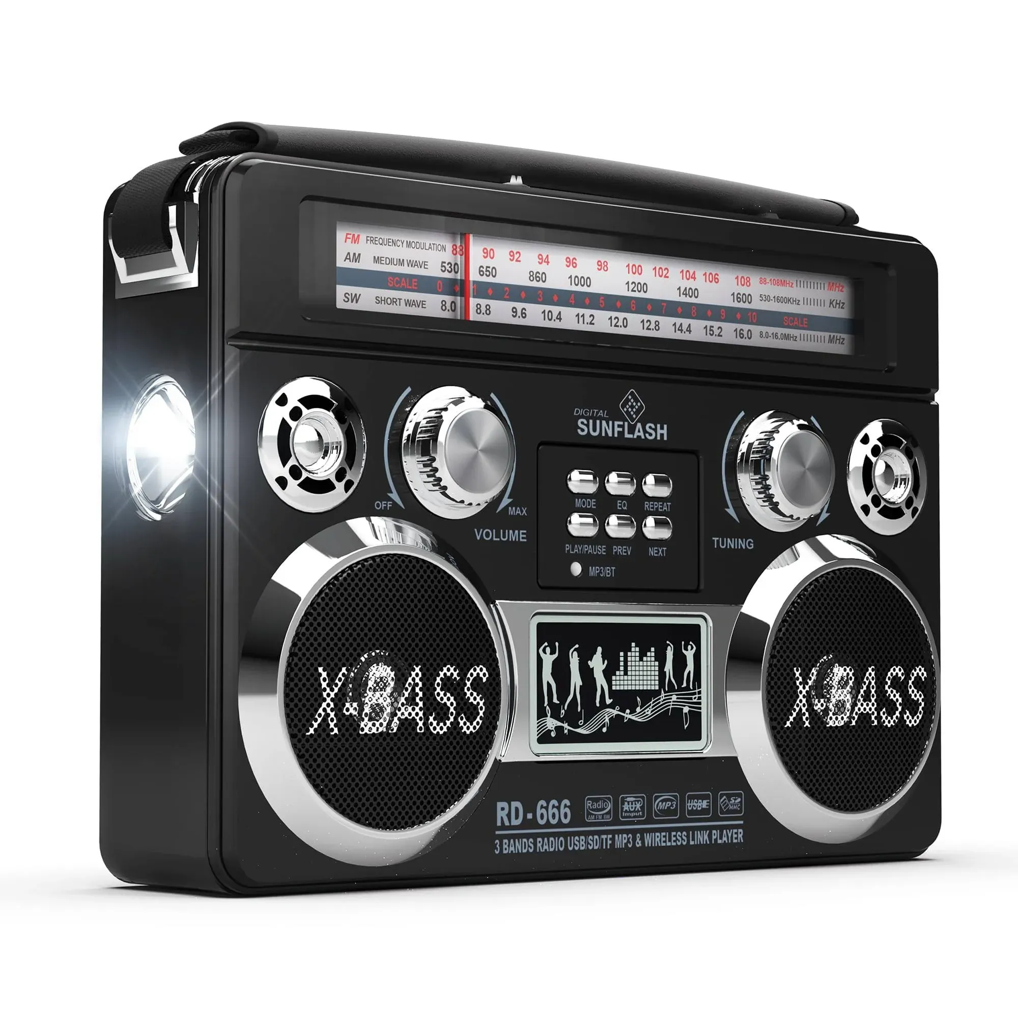 Red Portable Retro AM/FM/SW 3-Band Radio With Bluetooth & Flash Light Boombox