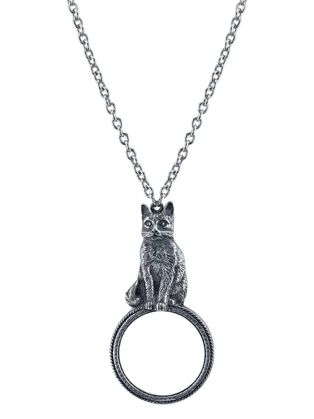 Pewter Cat Magnifying Glass Pendant Necklace 30"