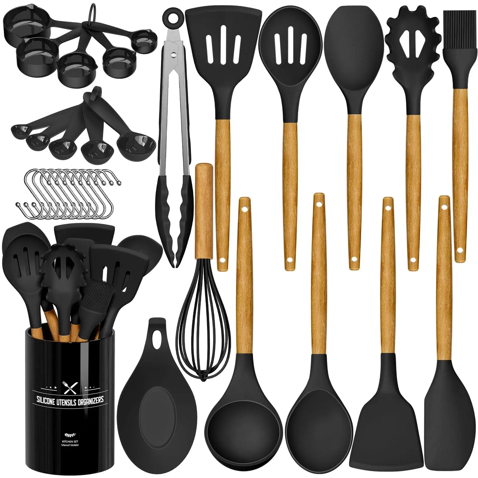  33 Pcs Kitchen Cooking Utensils Set Non-Stick Silicone Cooking Wooden Handle