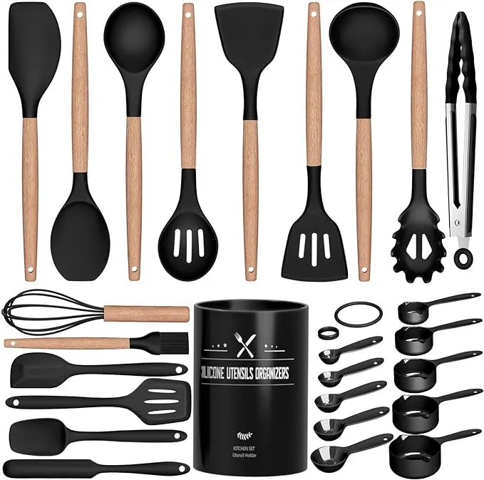 Kitchen Utensils Set, 26 Pcs Non-Stick Silicone Cooking Utensils Spatula Set with Holder, Sturdy Wooden Handle, Heat Resistance Silicone Kitchen Gadgets Utensils Set, Black