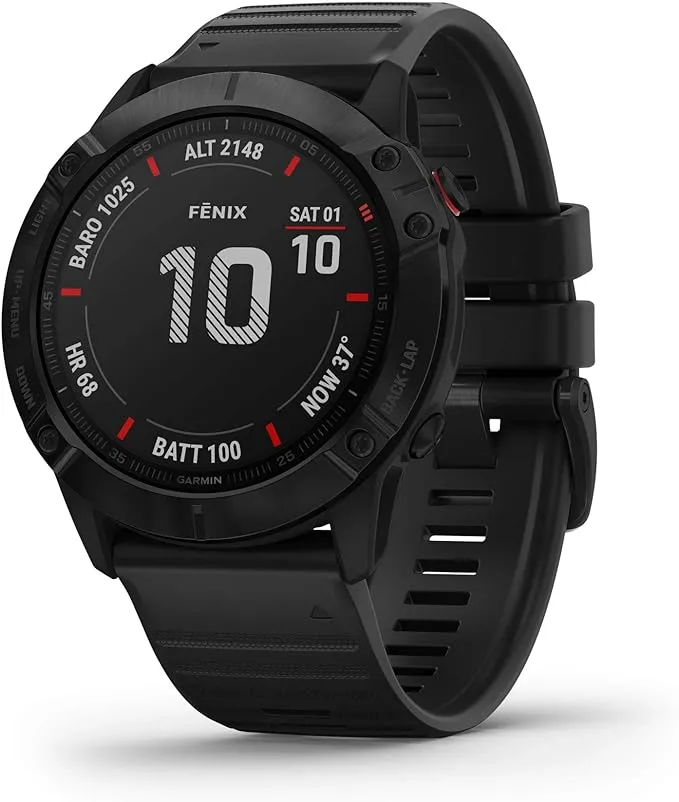 Garmin 010-02157-10 fenix 6X Sapphire, Premium Multisport GPS Watch, features Mapping, Music, Grade-Adjusted Pace Guidance and Pulse Ox Sensors, Dark Gray with Black Band