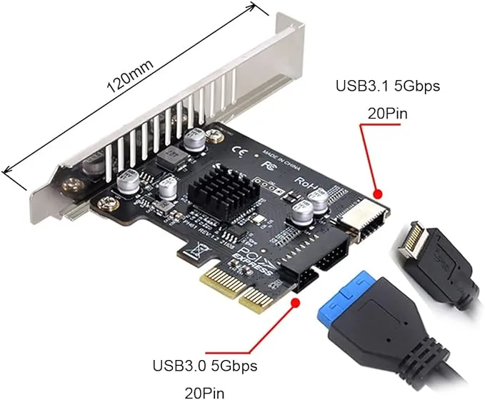 Cablecc 5Gbps Type-E USB 3.1 Front Panel Socket & USB 2.0 to PCI-E 1X Express Ca