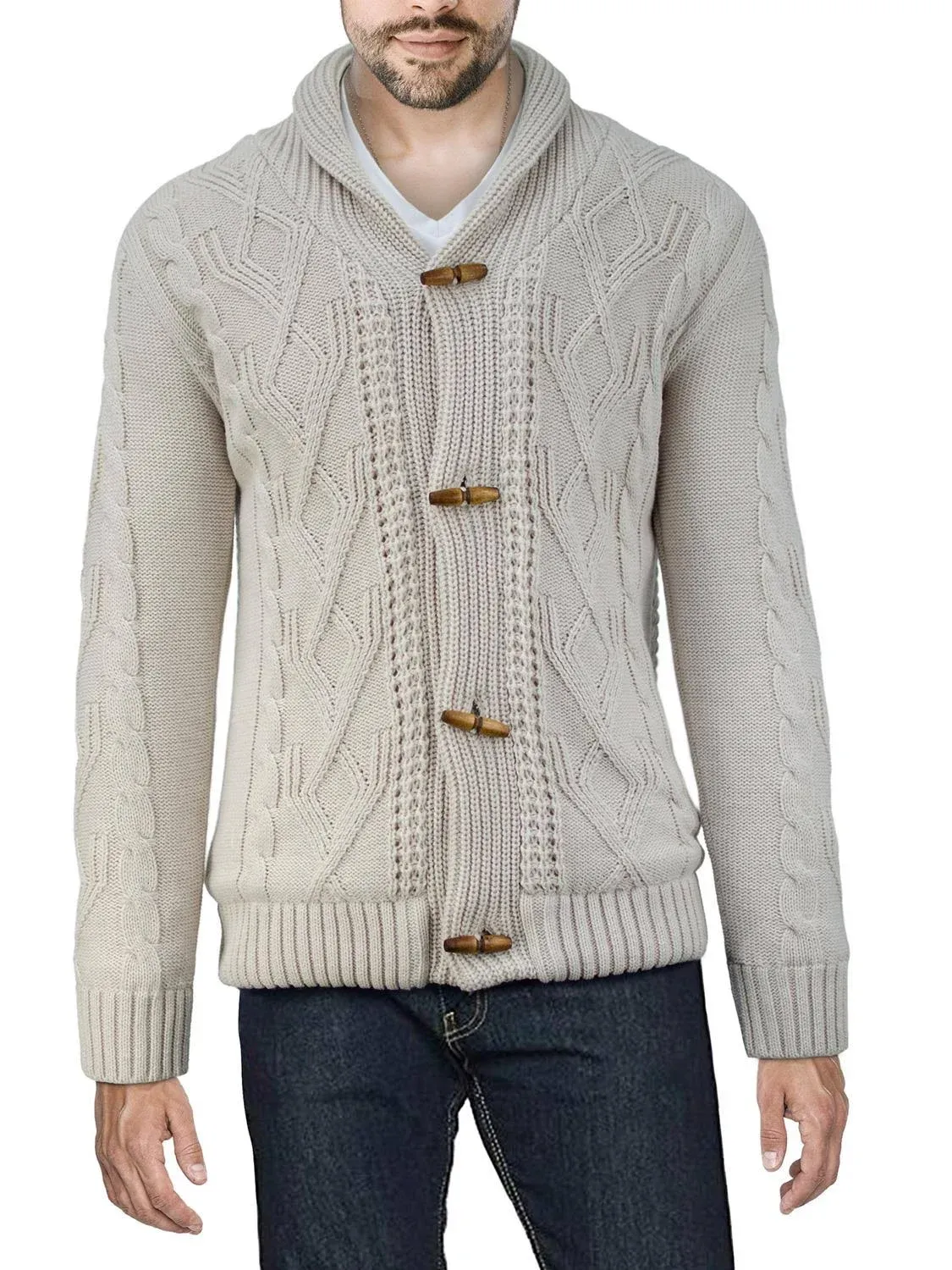 X-Ray Men's Shawl Collar Cable Knit Cardigan - Cream - Size M