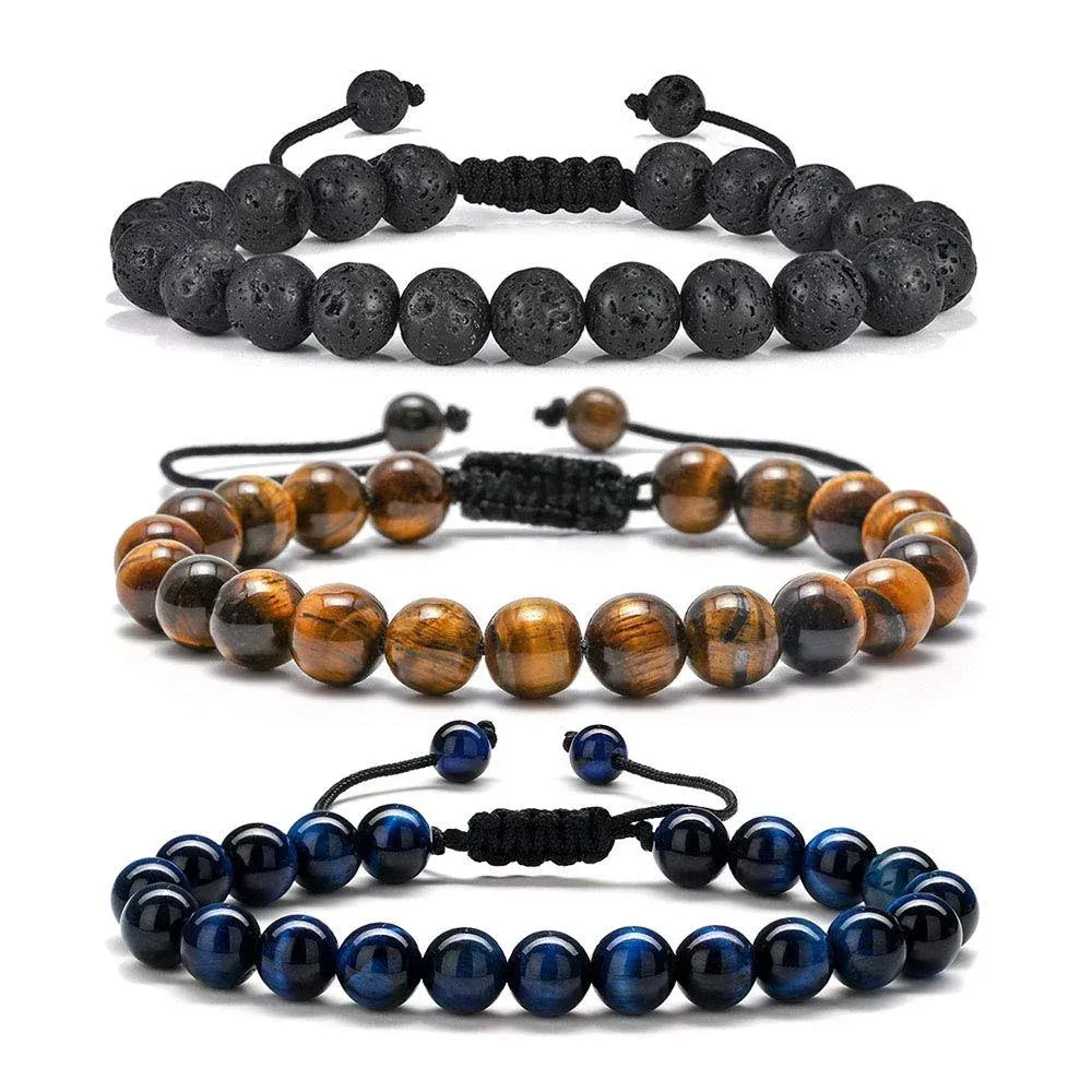 M MOOHAM Natural Stone Bracelets for Men - 8mm Tiger Eye | Matte Agate | Lava Rock Bracelets for Men Teen Boys Gifts Birthday Anniversary Christmas Gifts for Men Teens