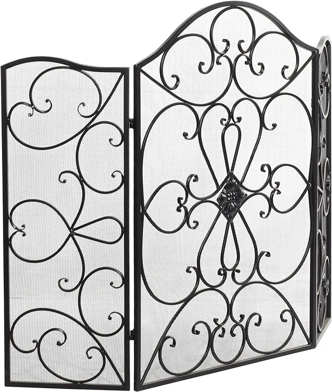 Deco 79 Metal Scroll Foldable 3 Panel Fireplace Screen with Mesh Netting, 49" x 1" x 36", Black