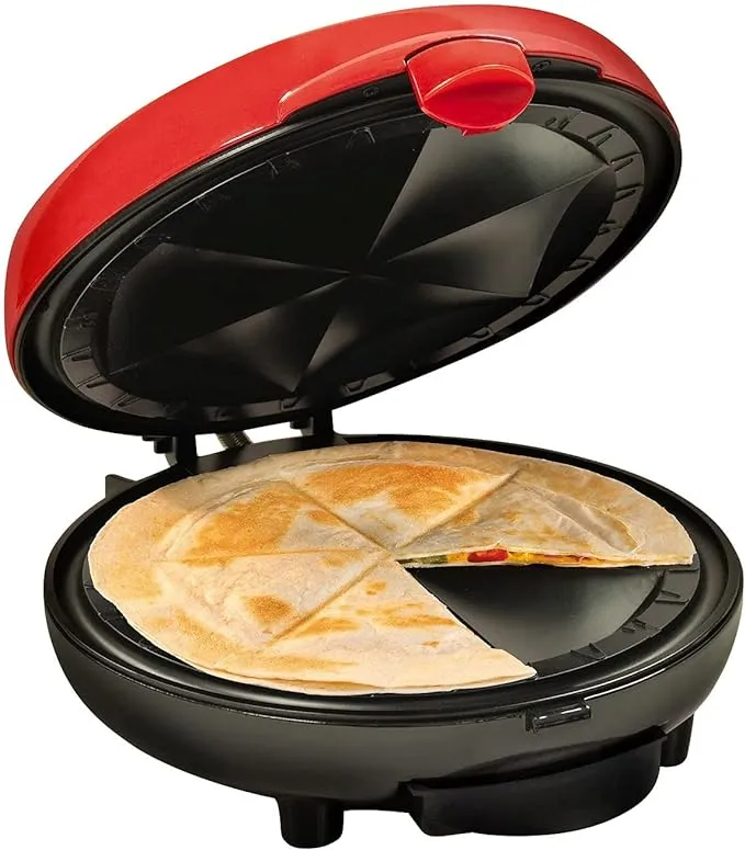 Nostalgia Taco Tuesday Deluxe 8-Inch 6-Wedge Electric Quesadilla Maker with Extra Stuffing Latch, Red