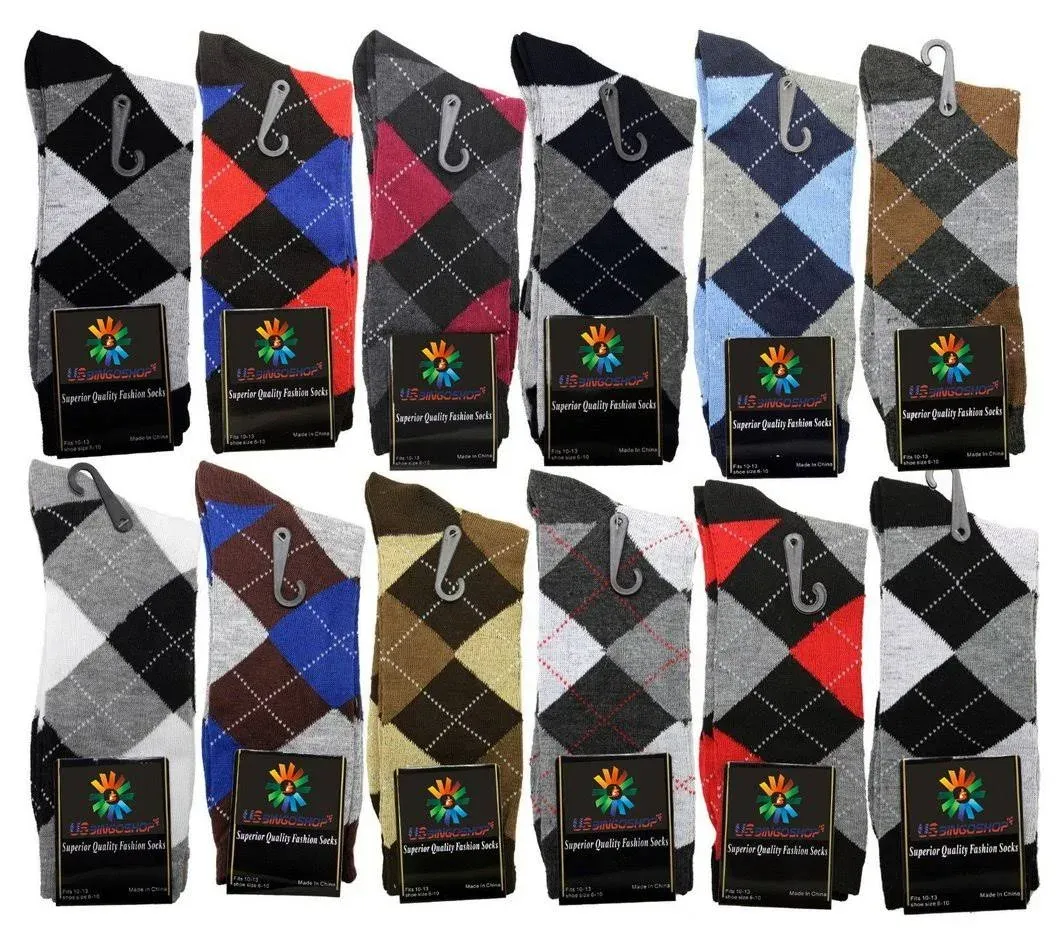 12 Pairs New Cotton Men Argyle Diamond Style Dress Socks Size 10-13 Multi Color