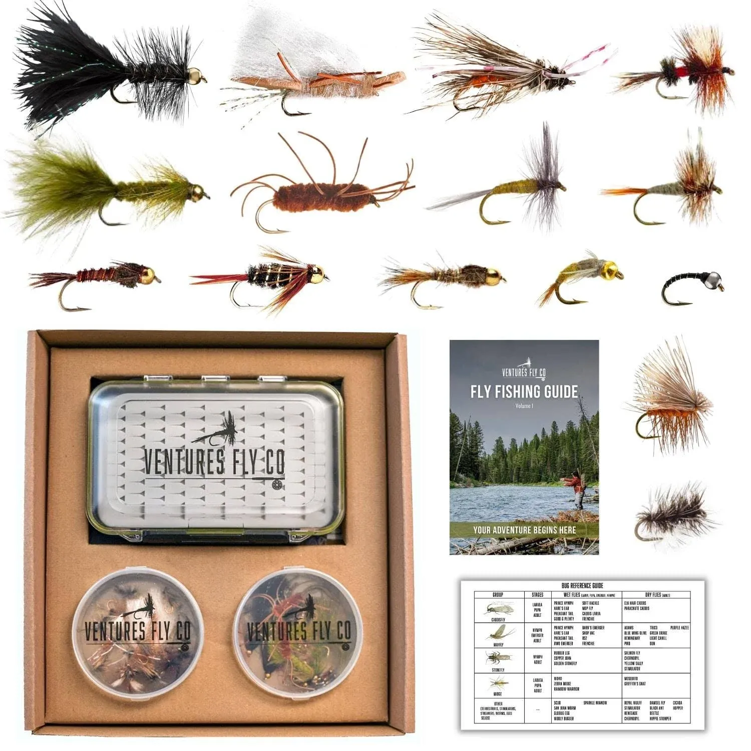 Ventures Fly Co. | 40 Premium Hand Tied Fly Fishing Flies Assortment | Fly Box Included | Dry, Wet, Nymphs, Streamers, Wooly Buggers, Terrestrials | Trout, Bass Lure Set, Kit