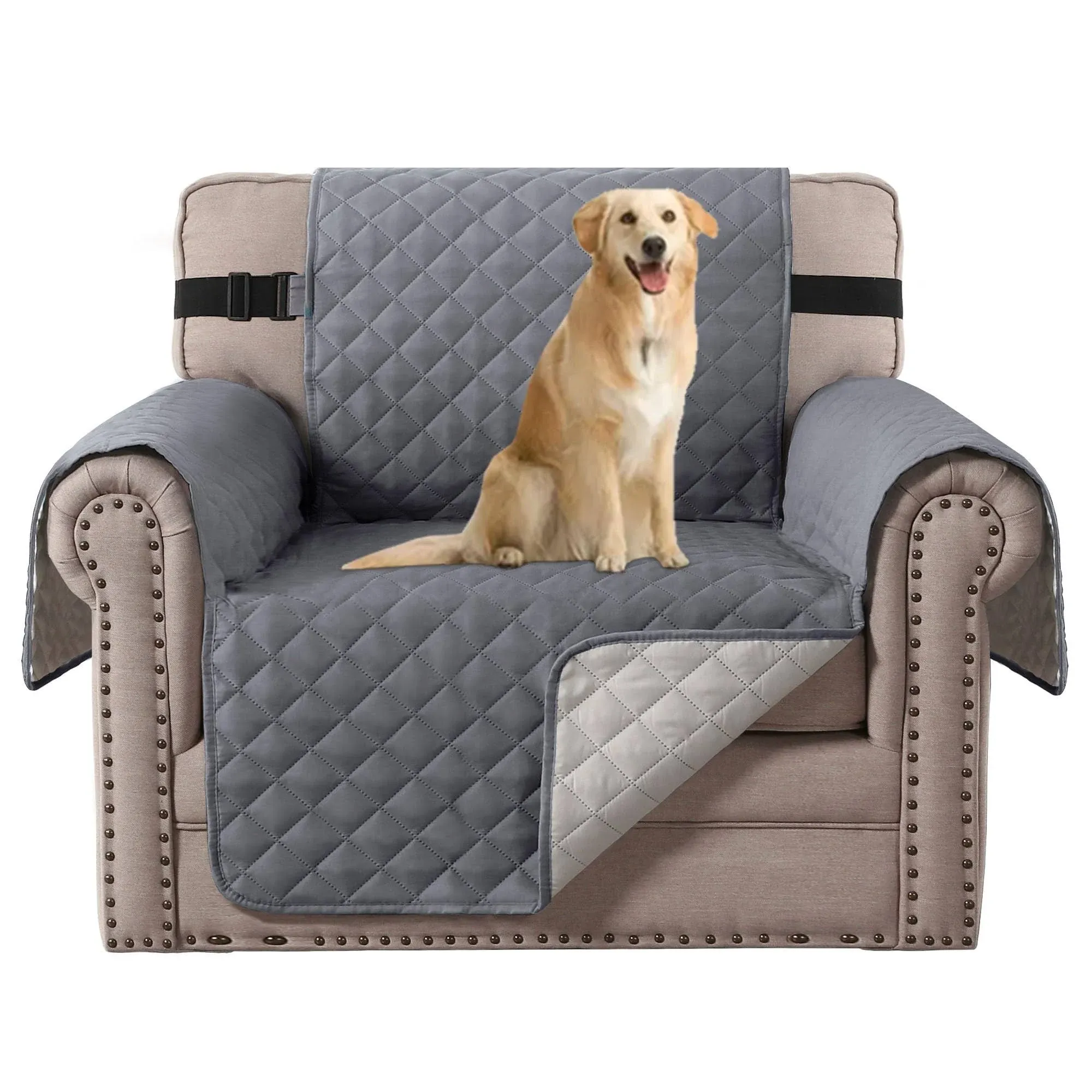 H.VERSAILTEX Reversible Chair Cover Water Resistant Chair Couch Cover for Living Room Machine Washable Furniture Cover with Elastic Strap for Dogs, Pets(Armchair, Desert Sage/Beige)