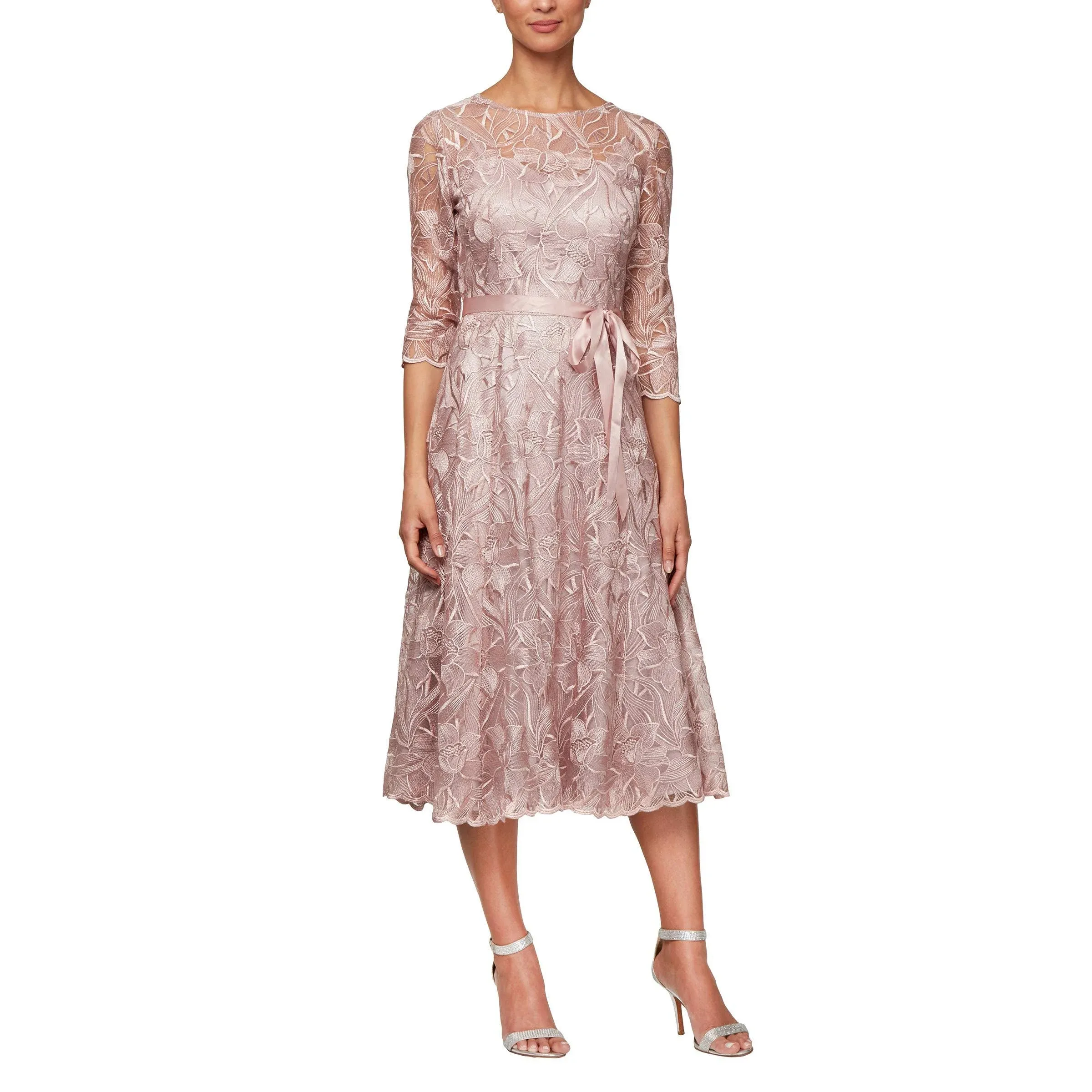 Alex Evenings Women's Tea Length Embroidered Dress Illusion Sleeves (Petite Missy)