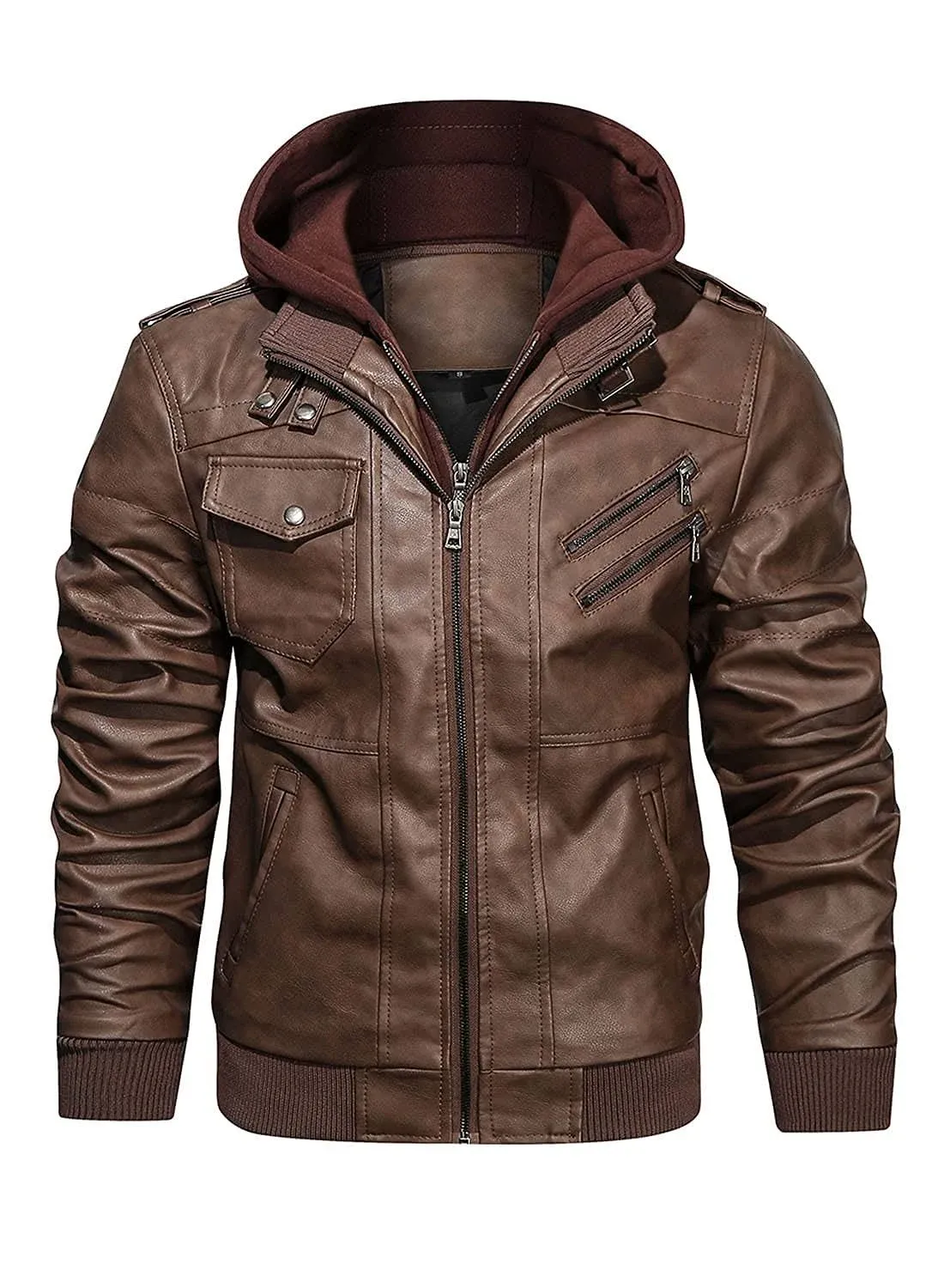 HOOD CREW Men’s Casual Stand Collar PU Faux Leather Zip-Up Motorcycle Bomber Jac