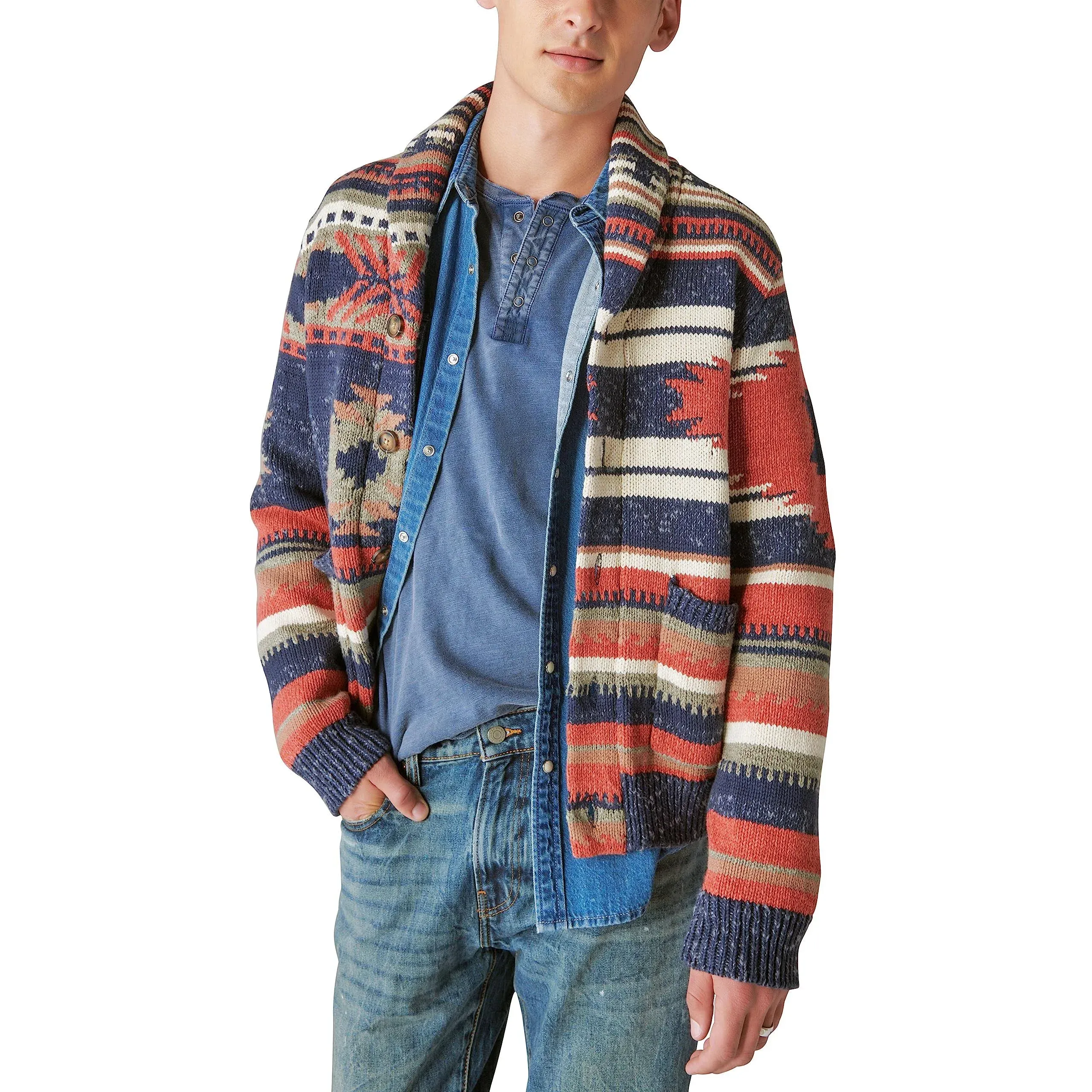 Lucky Brand Men's Southwestern Print Shawl Cardigan