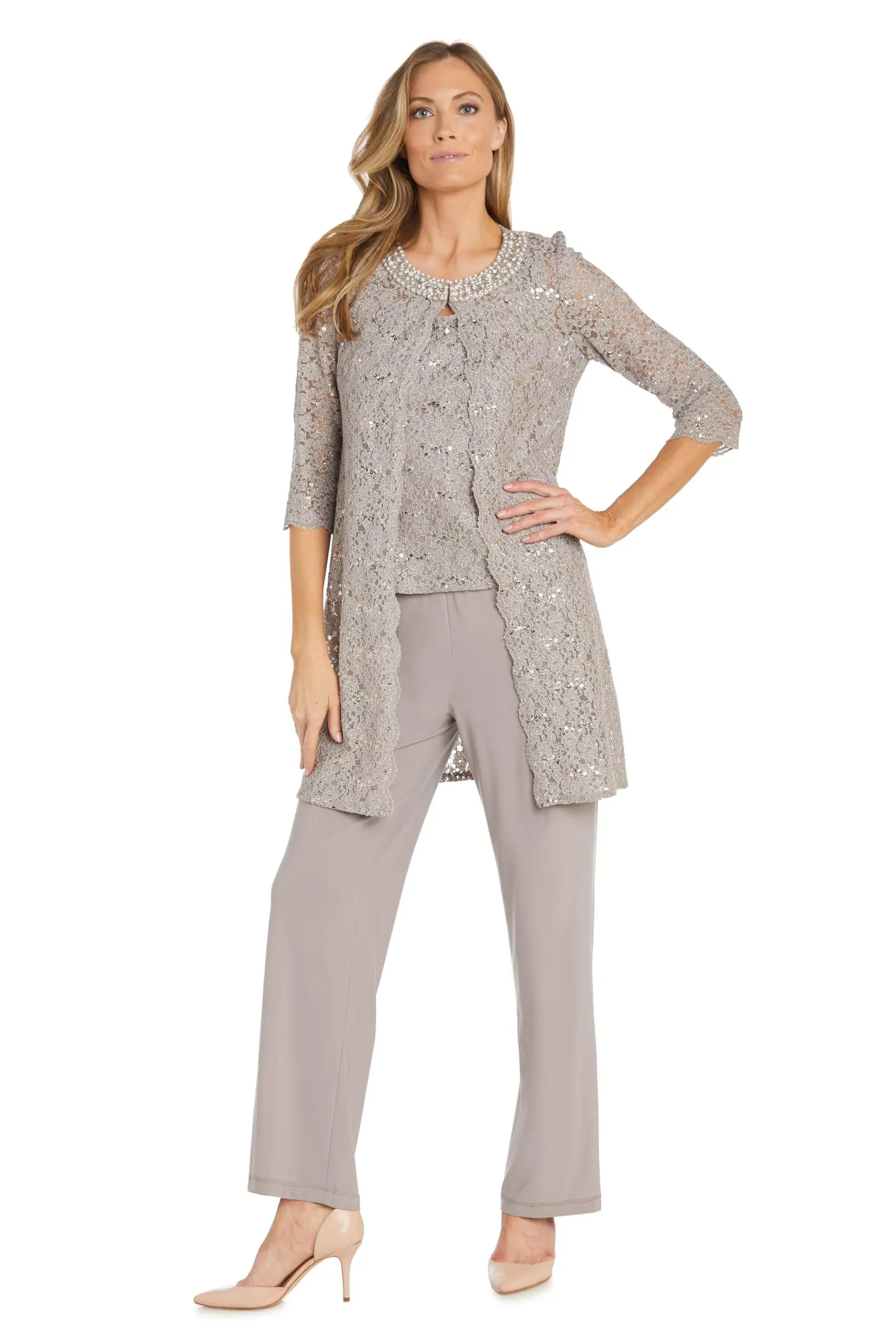 Pearl-Adorned Neckline Lace Women&#39;s Pant Suit