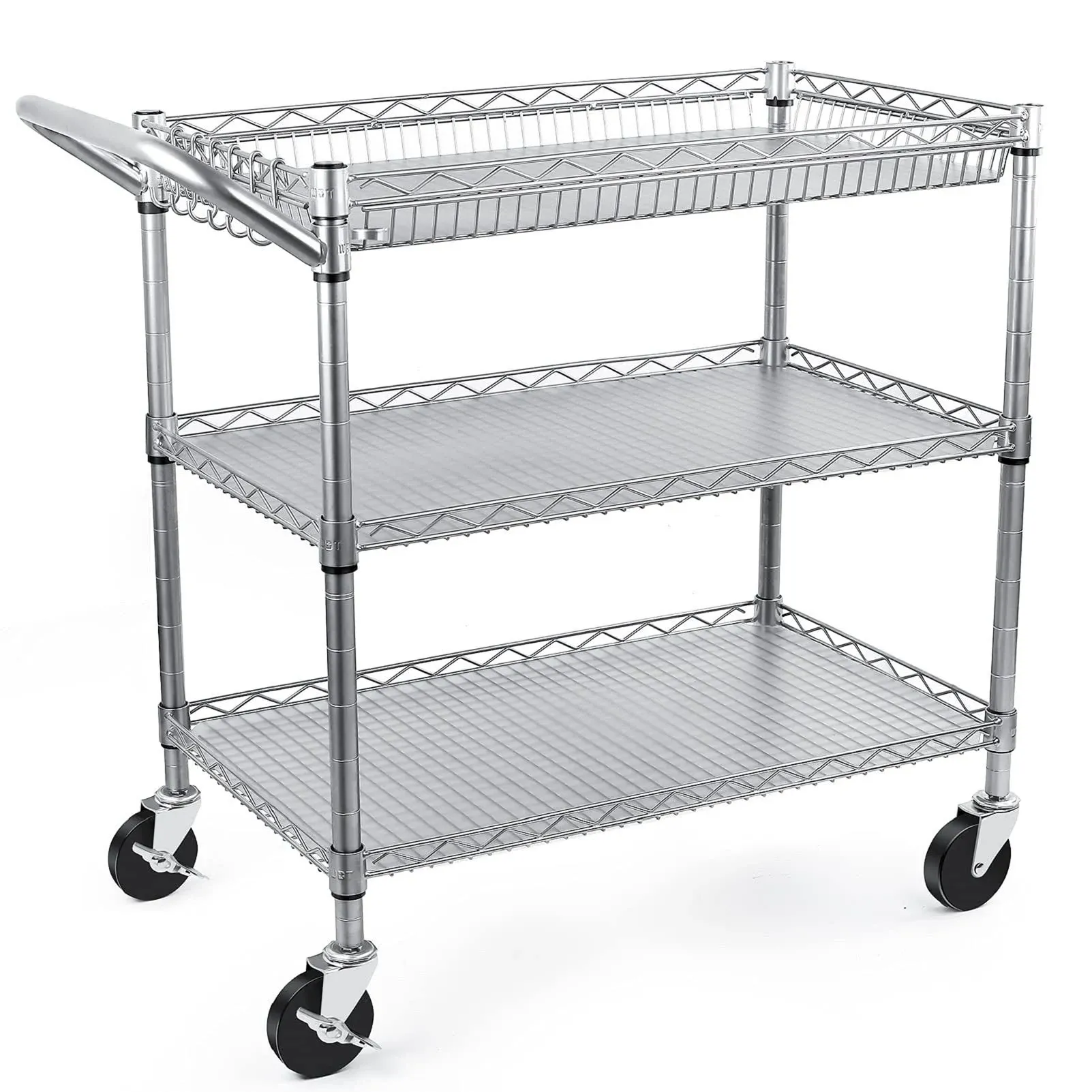 Heavy Duty Utility Cart on Wheels,990Lbs Capacity 3 Tier Rolling Carts with Wheels,Kitchen Cart on Wheels with Storage,Commercial Grade Metal Serving Cart with Wire Shelving &Handle Bar,Silver