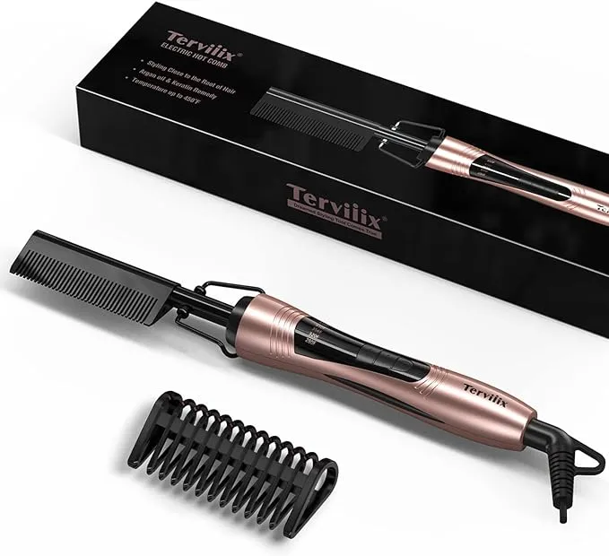 Terviiix Electric Hot Comb for Lace Front Wigs, Pressing Combs for Black Women Hair, Anti-Scald Straightening Comb with Keratin & Argan Oil Infused Teeth, Temperatures Adjustable, 60 Min Auto Shut Off