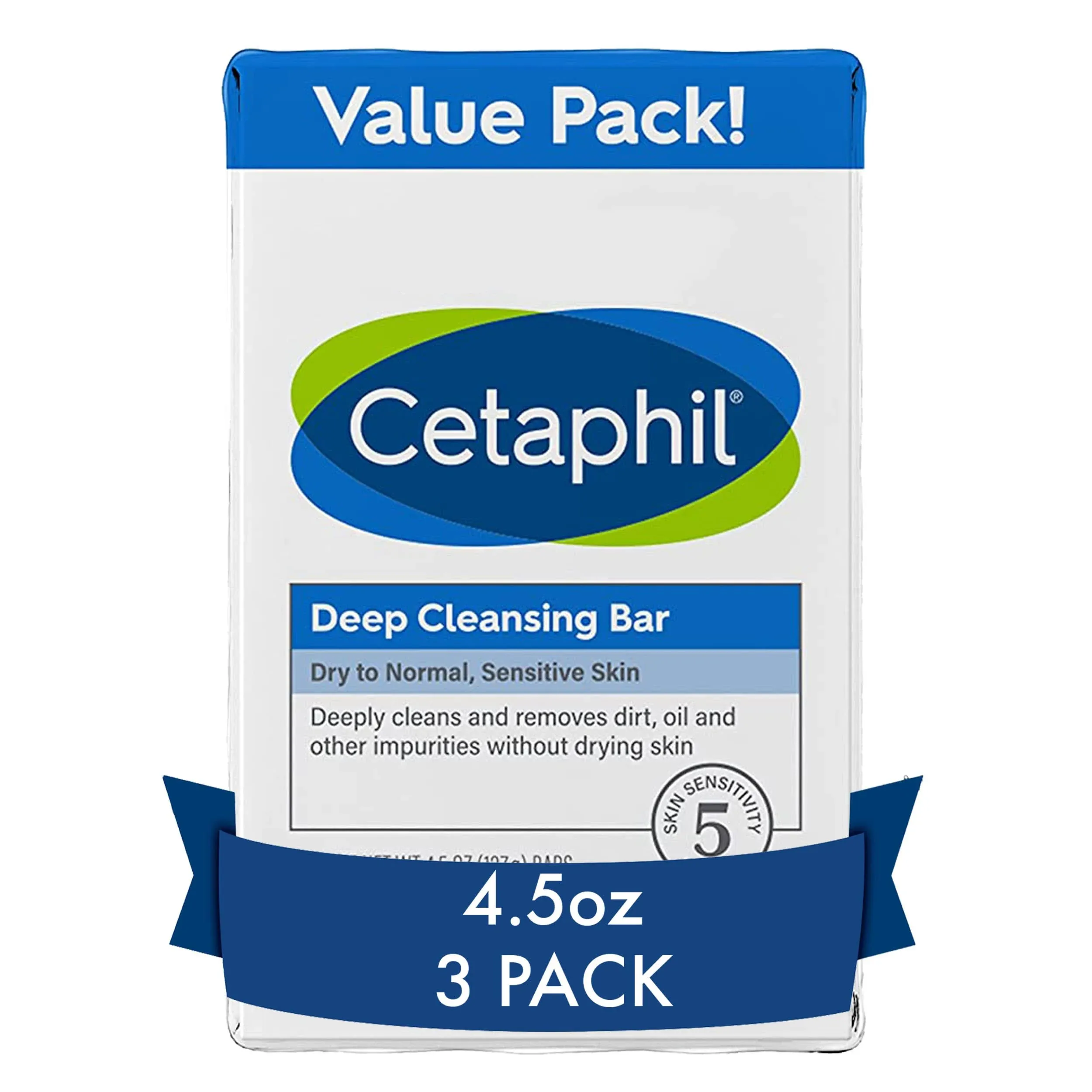 Cetaphil Bar Soap, Deep Cleansing Face and Body Bar, Pack of 6, For Dry to Normal, Sensitive Skin, Soap Free, Hypoallergenic, Paraben Free, Fragrance Free, Removes Makeup, Dirt and Oil