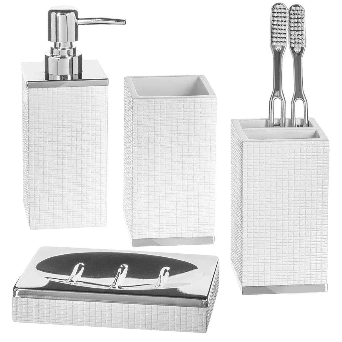 Creative Scents White Bathroom Accessories Set - 4 Piece Bathroom Set with Silver ...