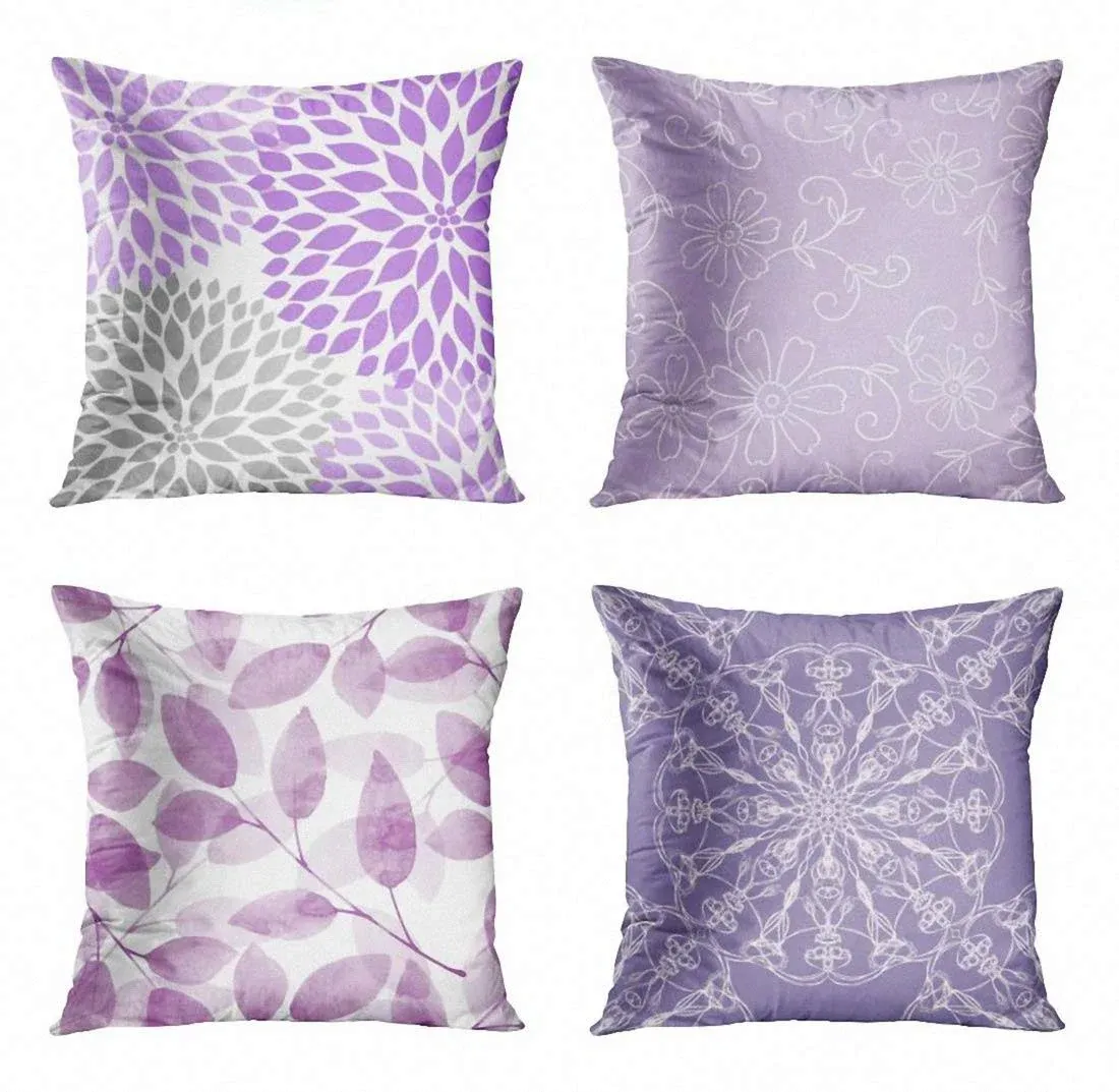 ArtSocket Set of 4 Throw Pillow Covers Gray Lavender Purple Grey Dahlia Floral ...