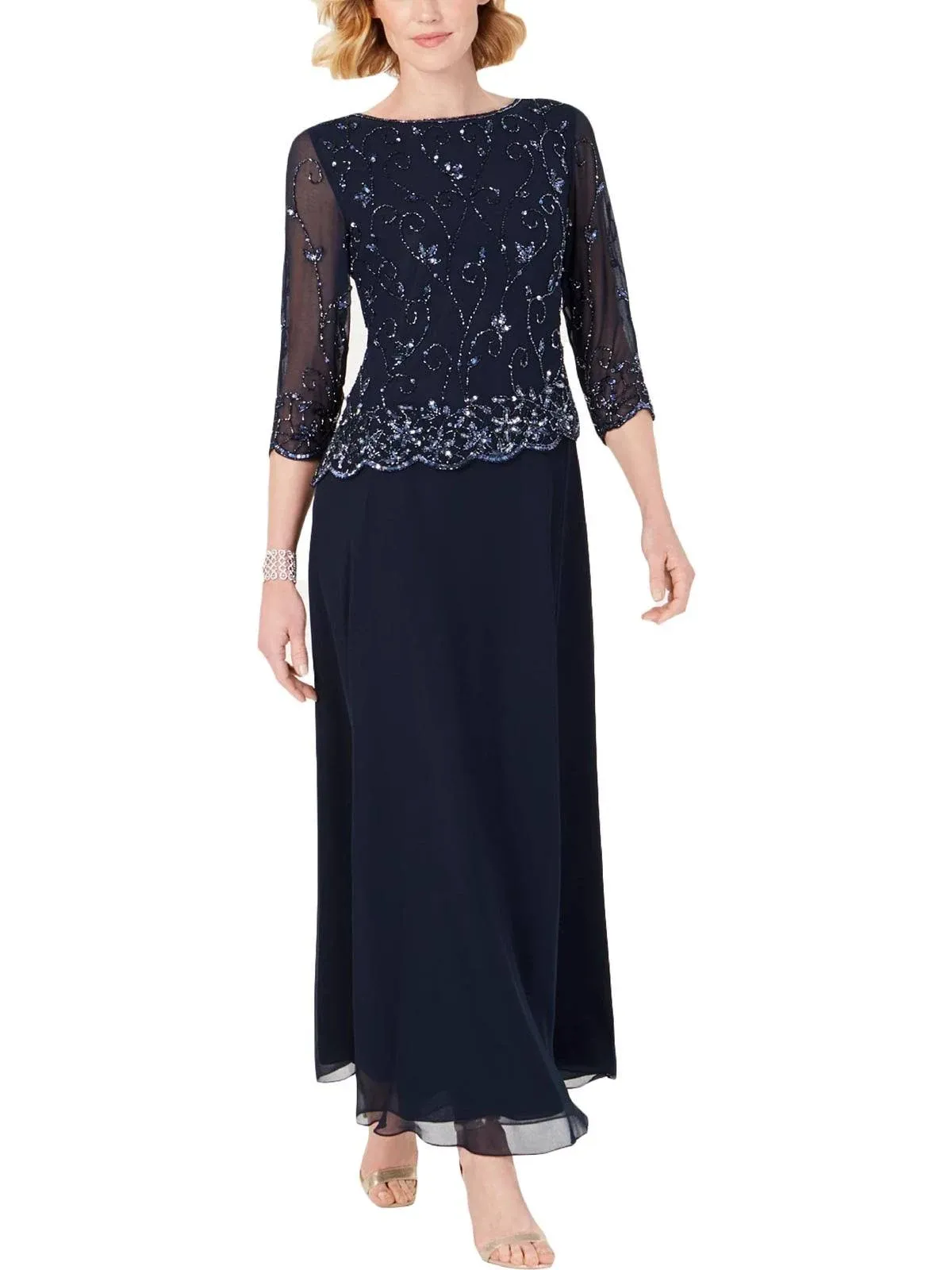 Jkara Womens Embellished Long Evening Dress Navy 16