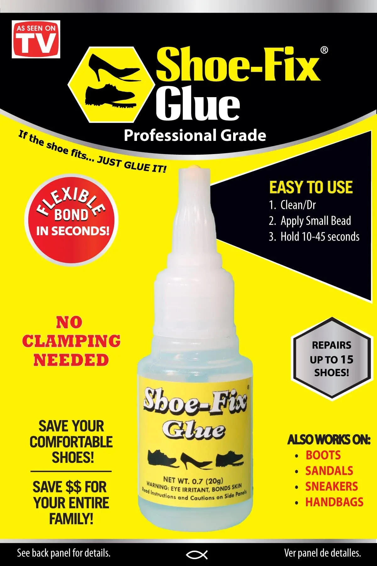 Shoe-Fix Glue – Professional Grade Shoe Repair Adhesive for All Footwear – Instant Bond, Clear Drying, Flexible, & Durable – for Shoes, Heels, Sandals, Boots, Athletic Shoes, & More (20g Tube)