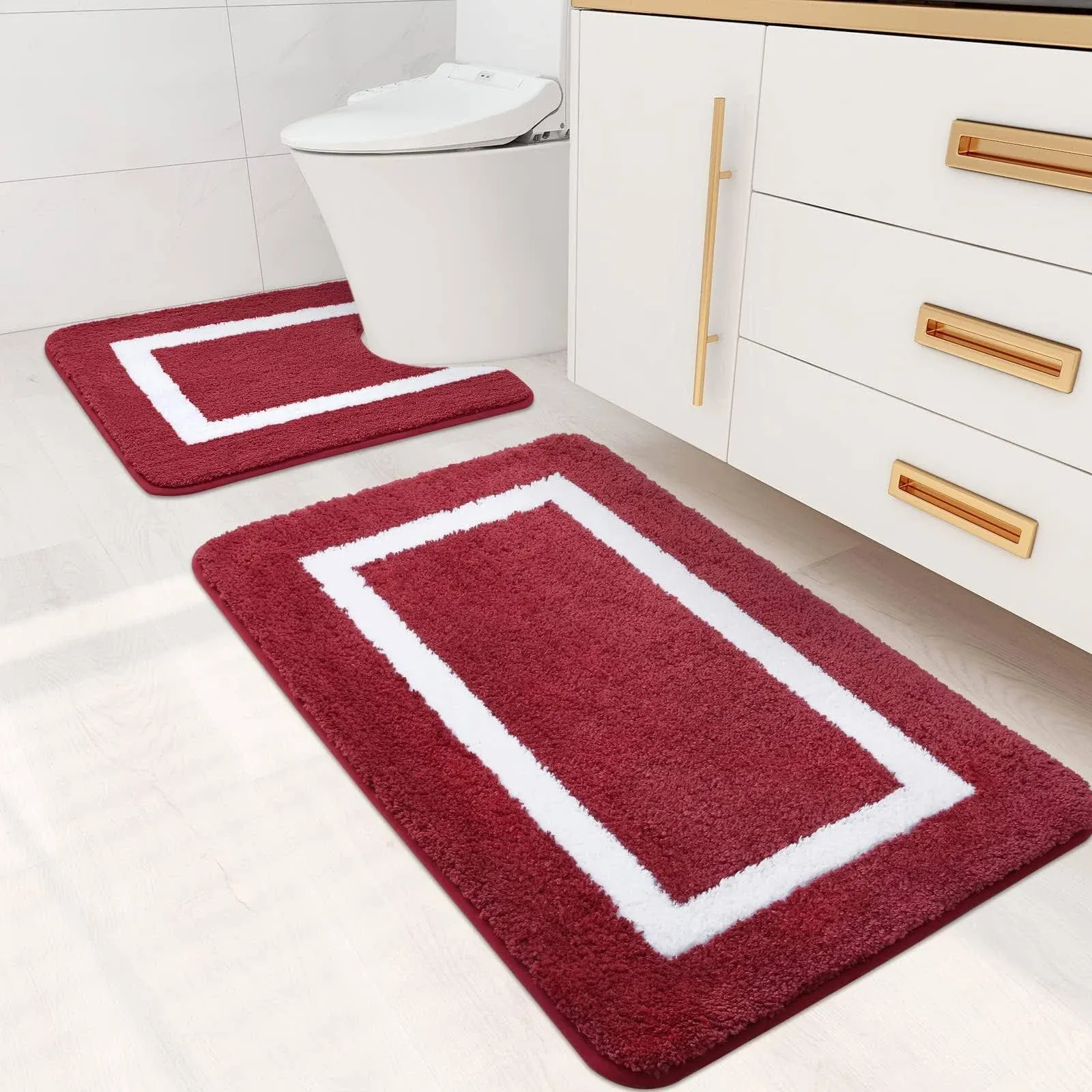 Kitinjoy Bathroom Rugs Set 2 Pieces Microfiber Bath Shower Mat and U-Shaped Toilet Rug, Machine Wash Dry, Non Slip Absorbent Bath Rug for Bathroom (24" x 20"+30" x 20", Burgundy)