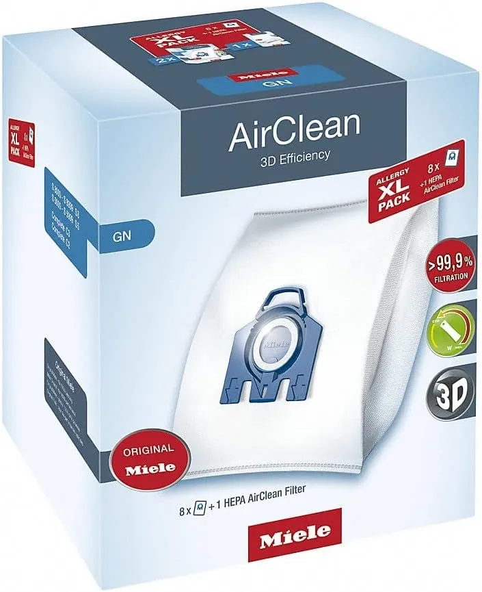 Miele Allergy XL Pack AirClean 3D GN Vacuum Cleaner Bags, 8 x Bags, 1 x Hepa Filter