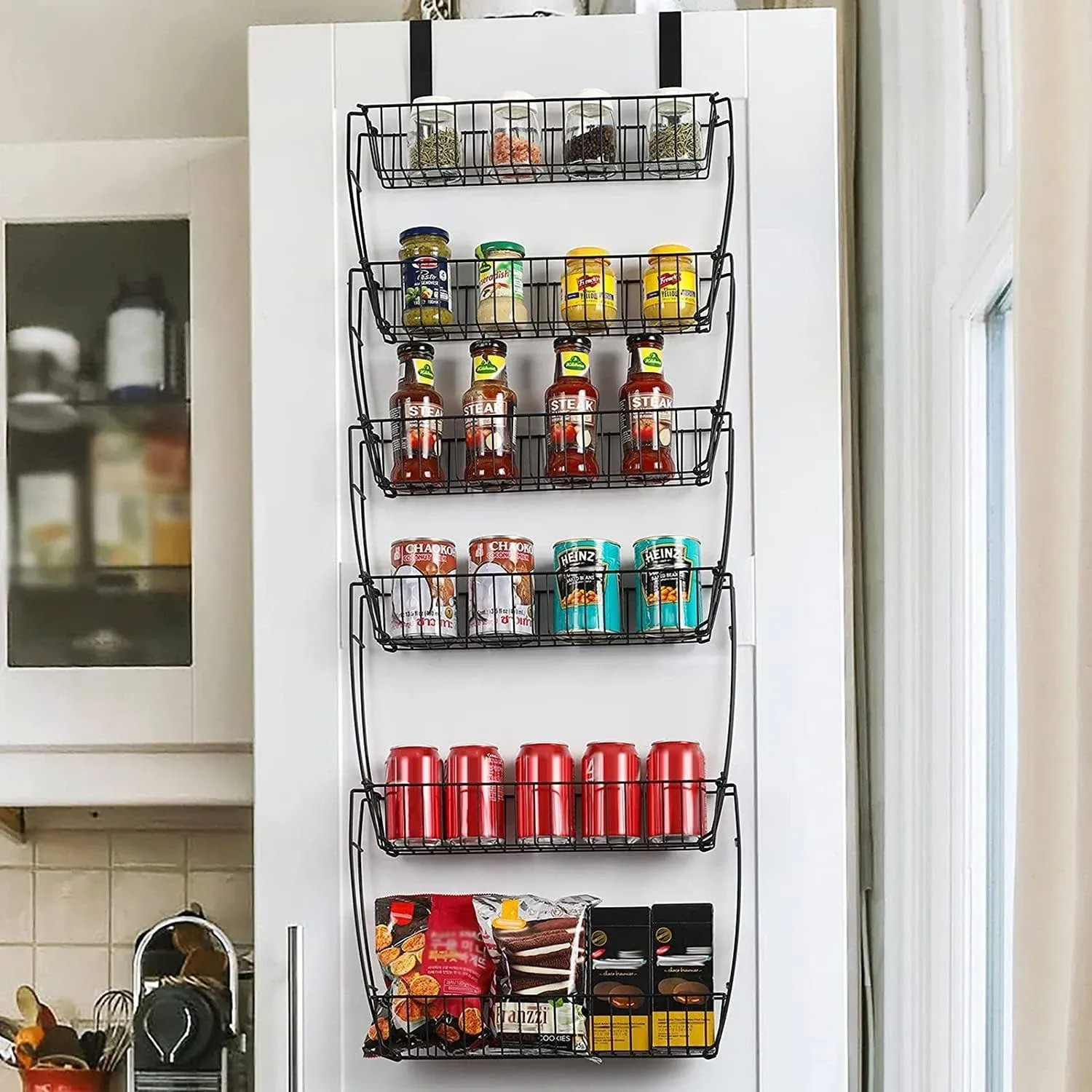 6-Tier Over the Door Pantry Organizer, Heavy-Duty Metal Pantry Door Organizer with 6 Baskets, Hanging Storage Door Organization Kitchen Spice Rack, Black