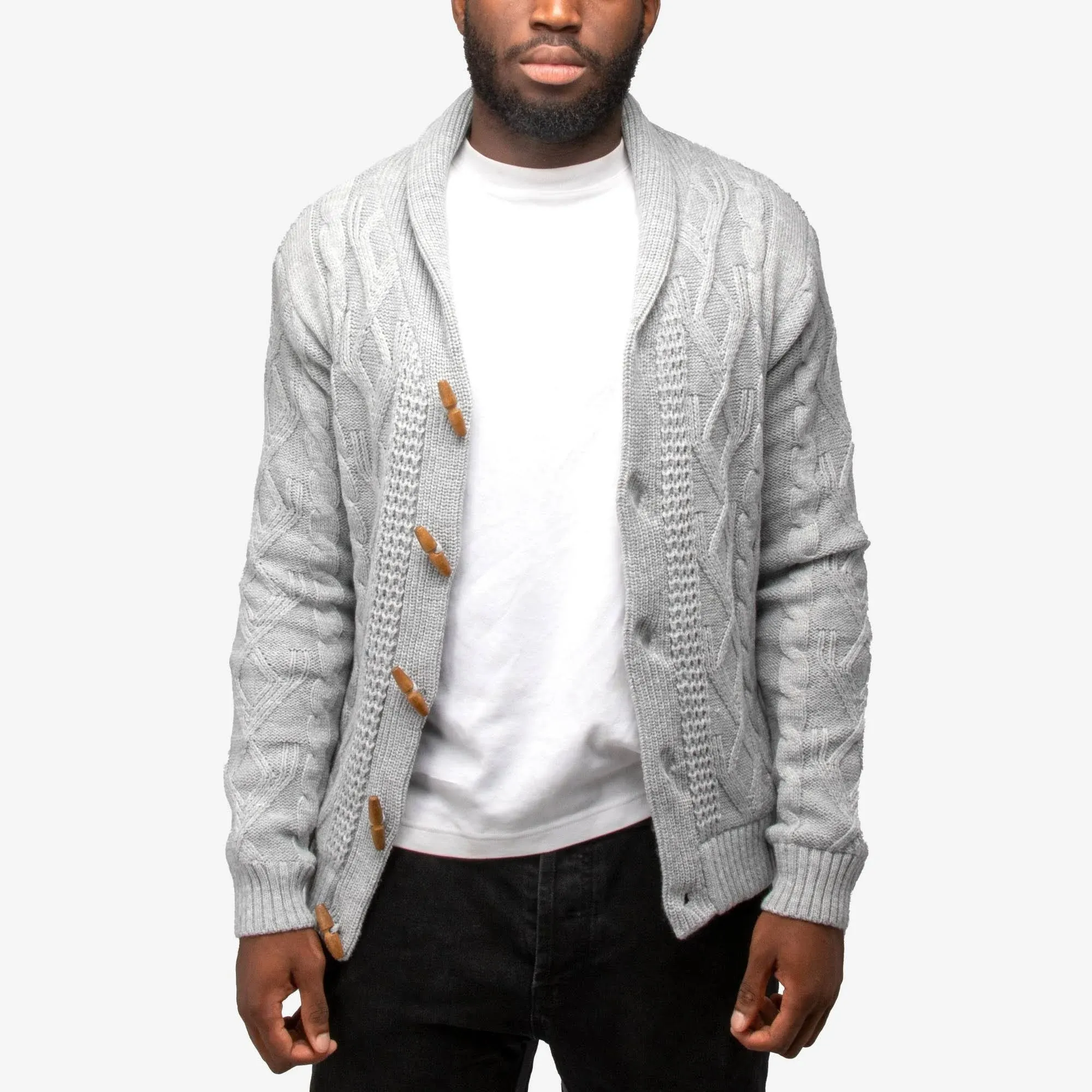 x Ray Men's Cable Knit Shawl Collar Cardigan - Light Grey - Size M