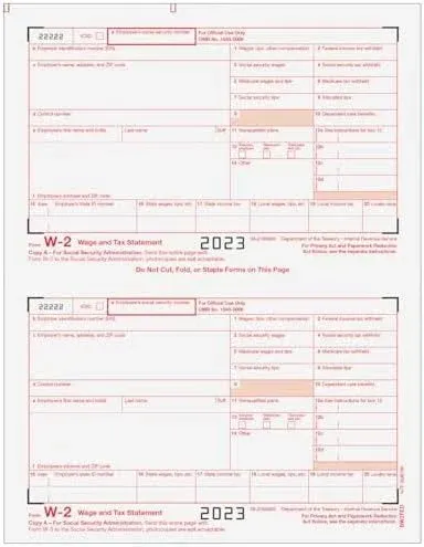 W-2 Tax Forms 2024 4- Part Laser Forms Envelopes W-3 Transmittal