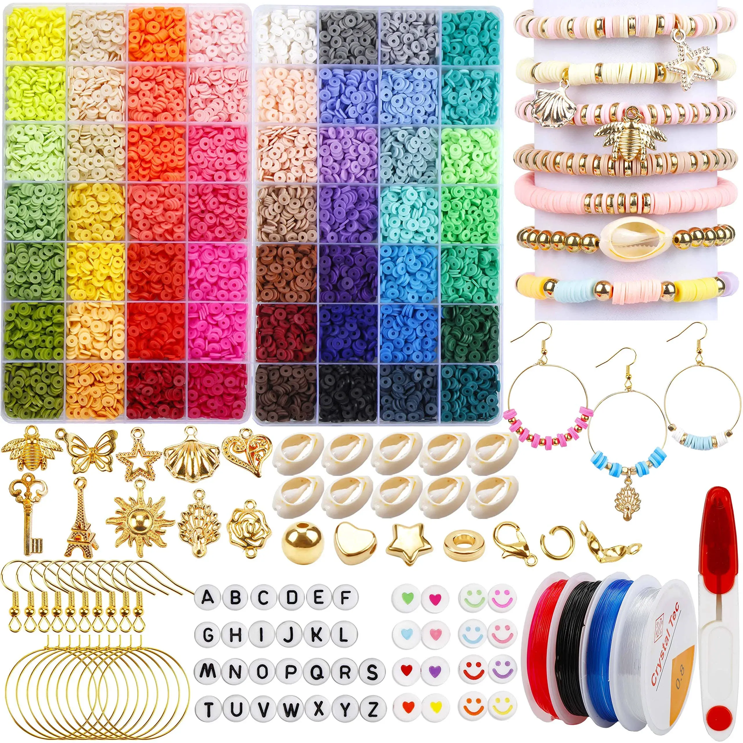 18000 Pcs Clay Heishi Beads Kit Including 72 Color Clay Beads, Letter Beads, Pendant, Jump Rings and Elastic Cords for DIY Jewelry Making Bracelets Necklace Earring Making Supplies